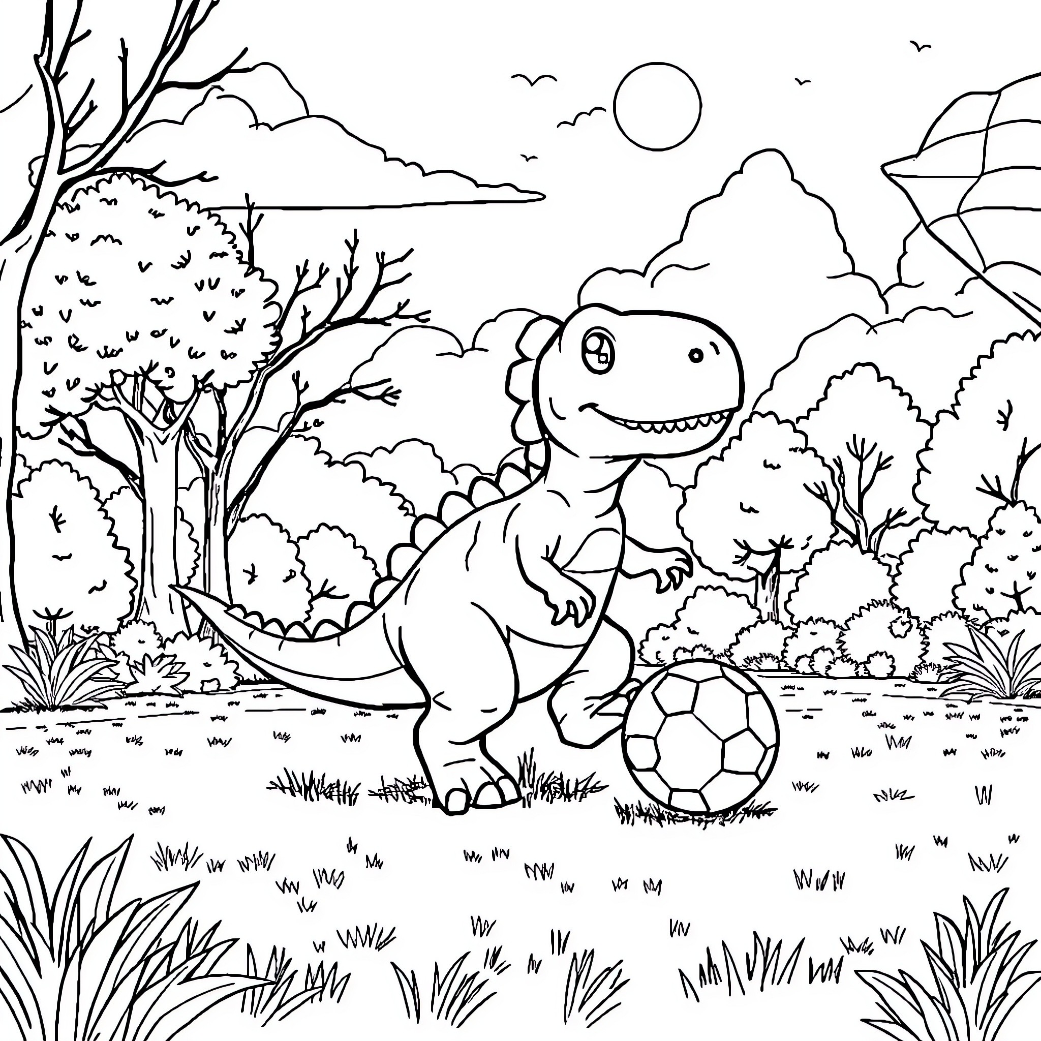 Dinosaur playing happily with a soccer ball in the park Coloring Page (free black-and-white line drawing printable PDF for all, from beginners to advanced learners, including children, teens, adults, and seniors)