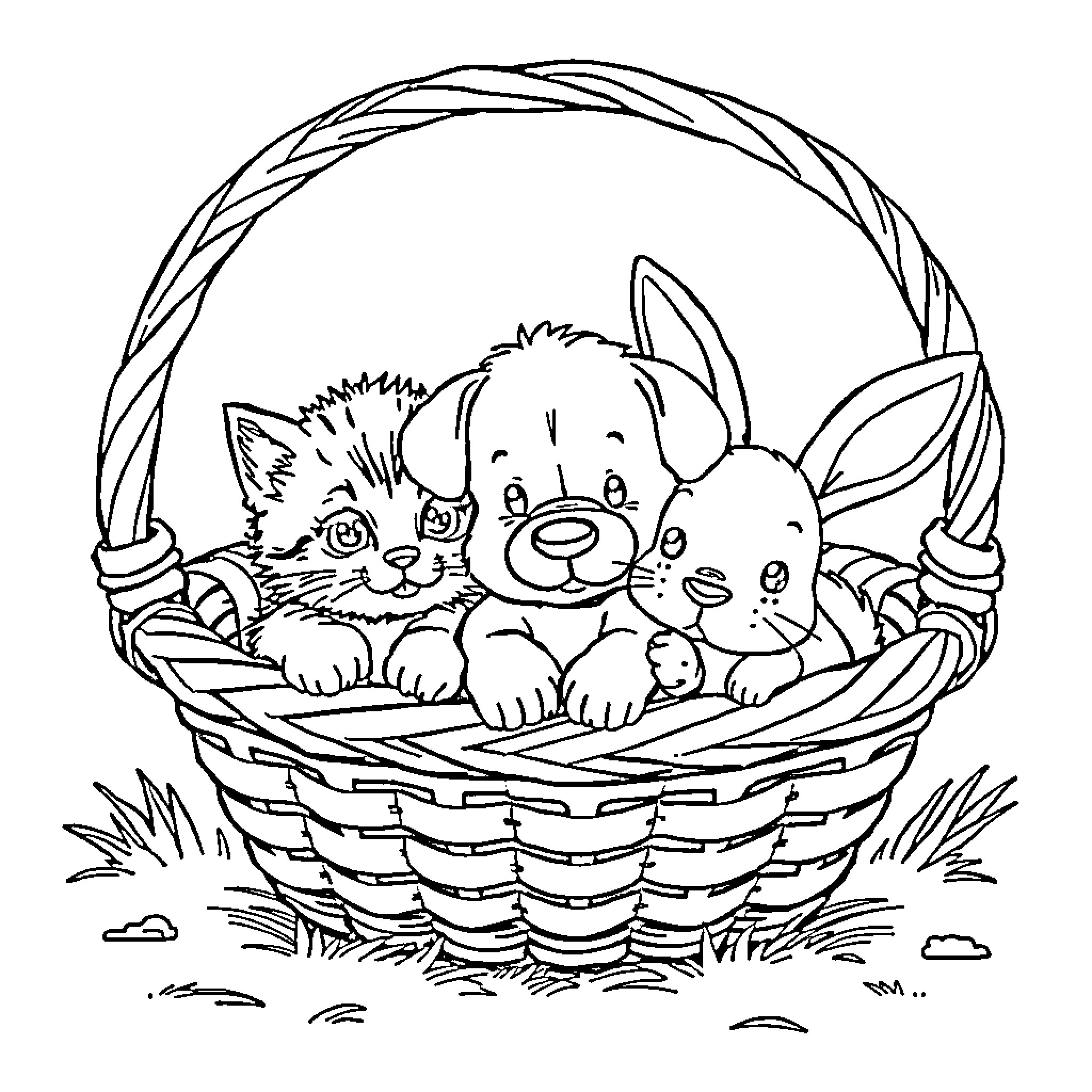 Baby Animal Basket of Adorable Pets Coloring Page (free black-and-white line drawing printable PDF for all, from beginners to advanced learners, including children, teens, adults, and seniors)