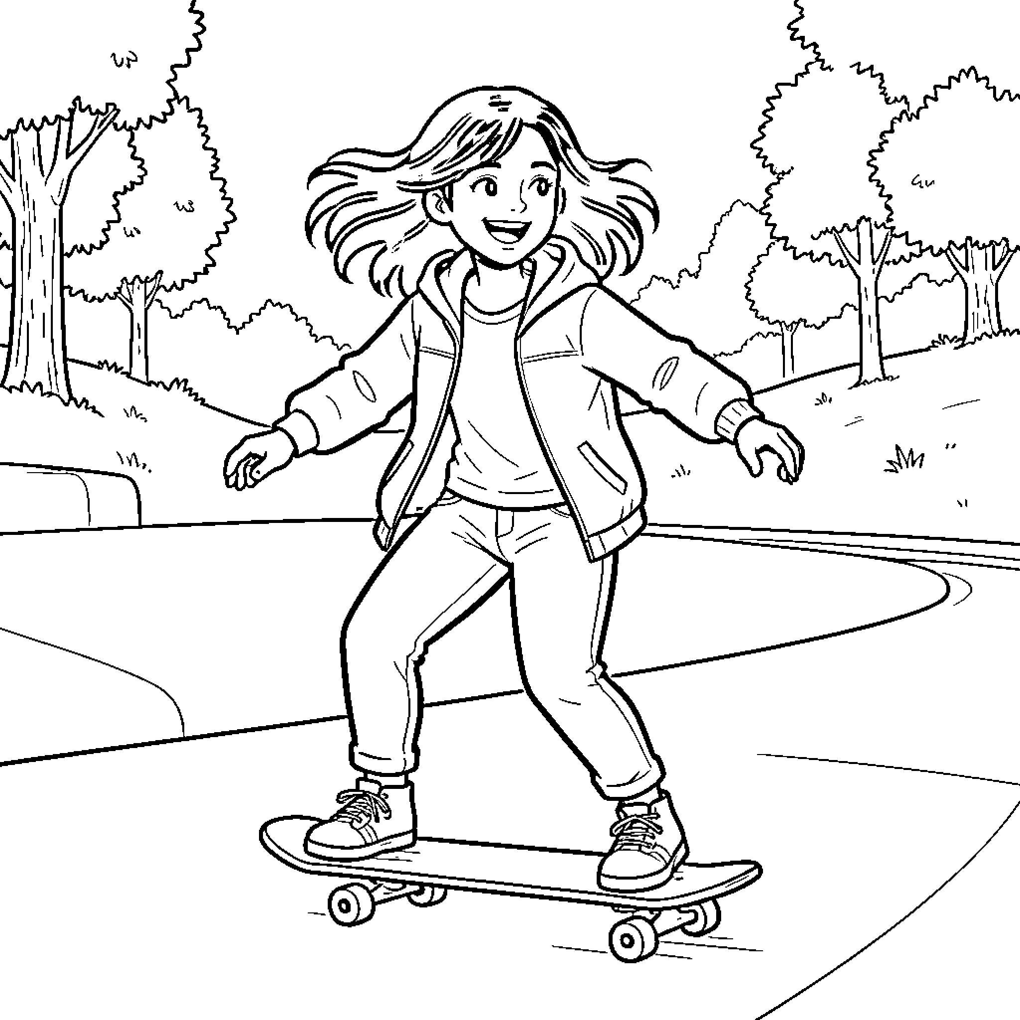 Max smiling while skateboarding through a park Coloring Page (free black-and-white line drawing printable PDF for all, from beginners to advanced learners, including children, teens, adults, and seniors)