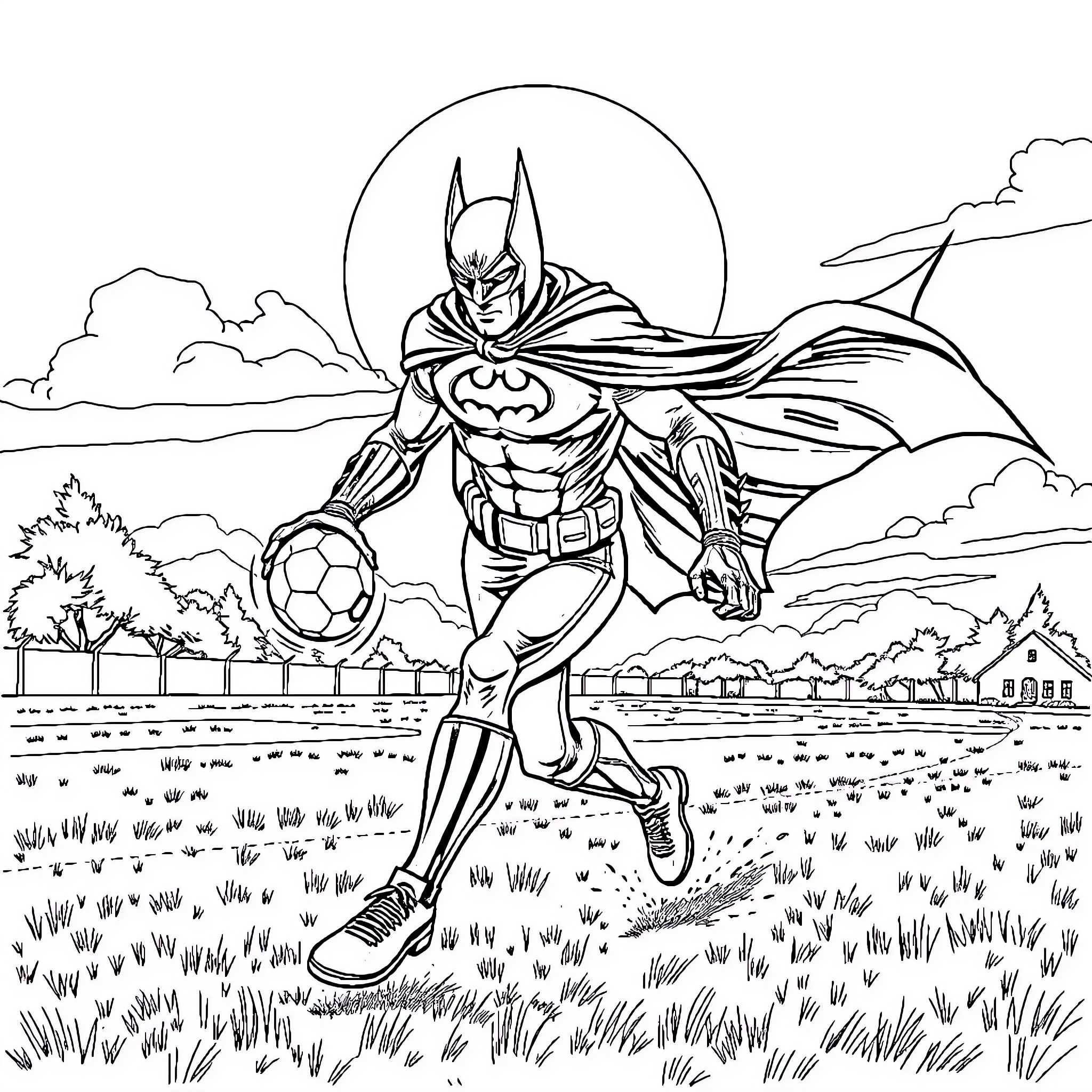 Batman kicking a soccer ball on the field Coloring Page (free black-and-white line drawing printable PDF for all, from beginners to advanced learners, including children, teens, adults, and seniors)