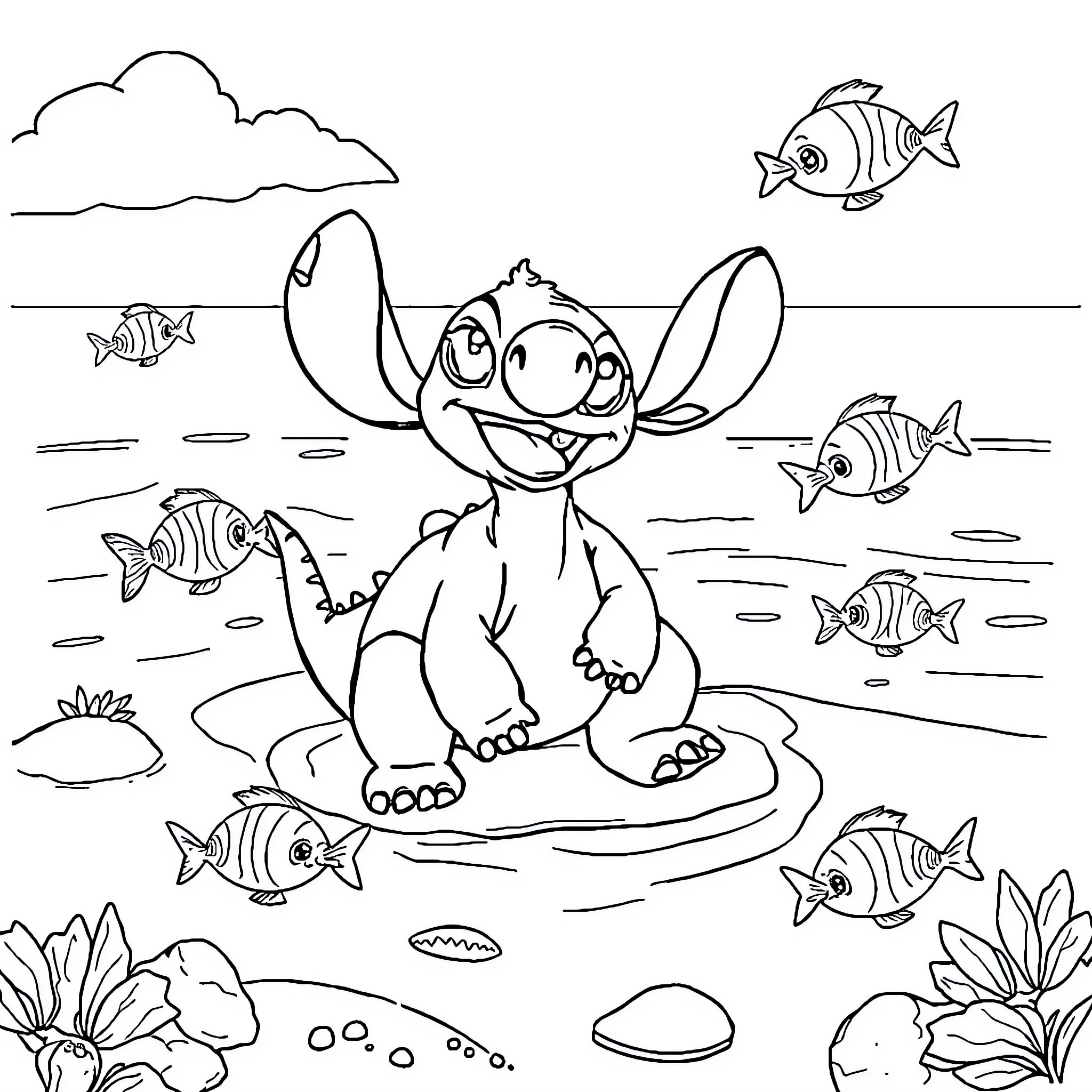 Dinosaur enjoying the beach with friendly fish Coloring Page (free black-and-white line drawing printable PDF for all, from beginners to advanced learners, including children, teens, adults, and seniors)