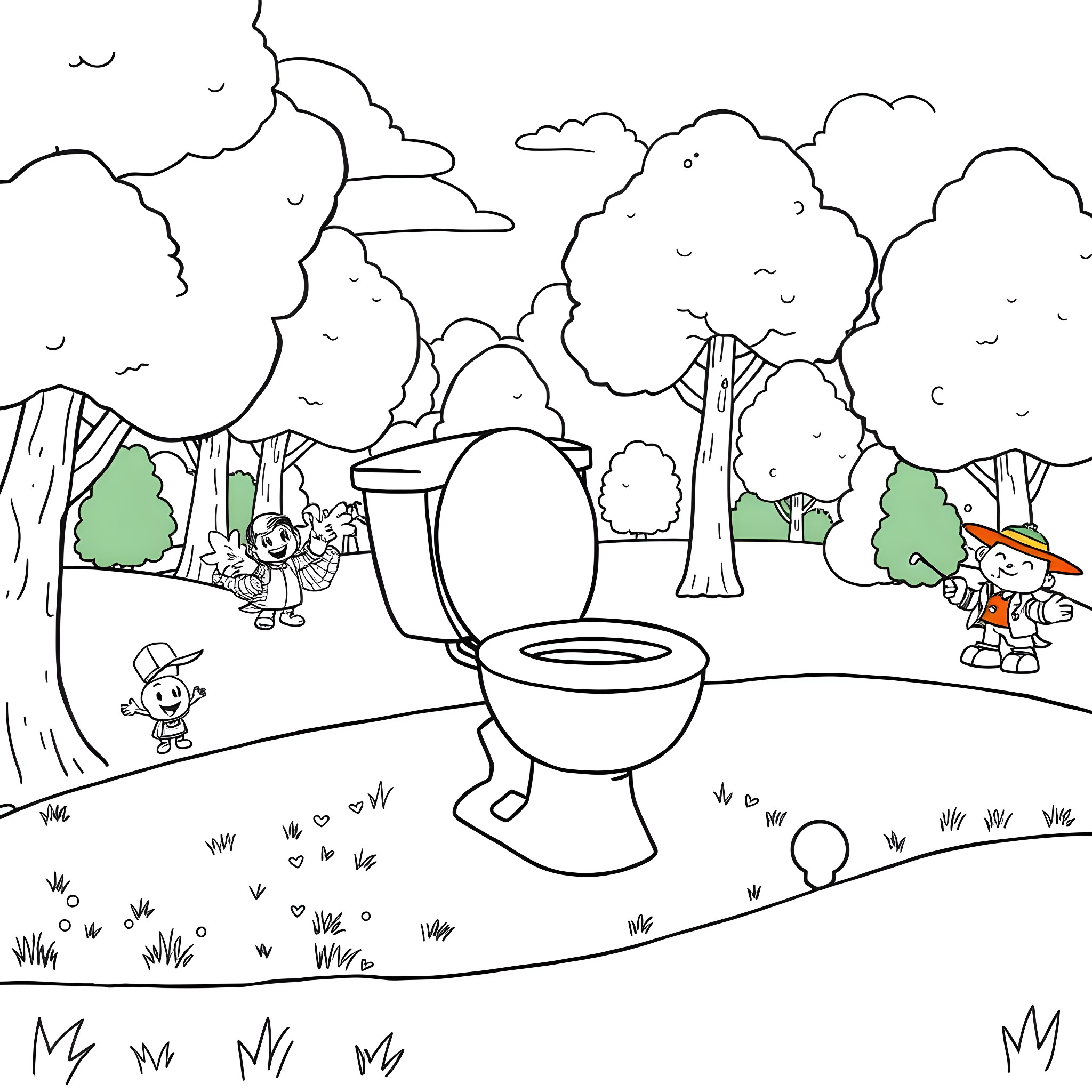 Skibidi Toilet Antics in the Whimsical Forest Coloring Page (free black-and-white line drawing printable PDF for all, from beginners to advanced learners, including children, teens, adults, and seniors)