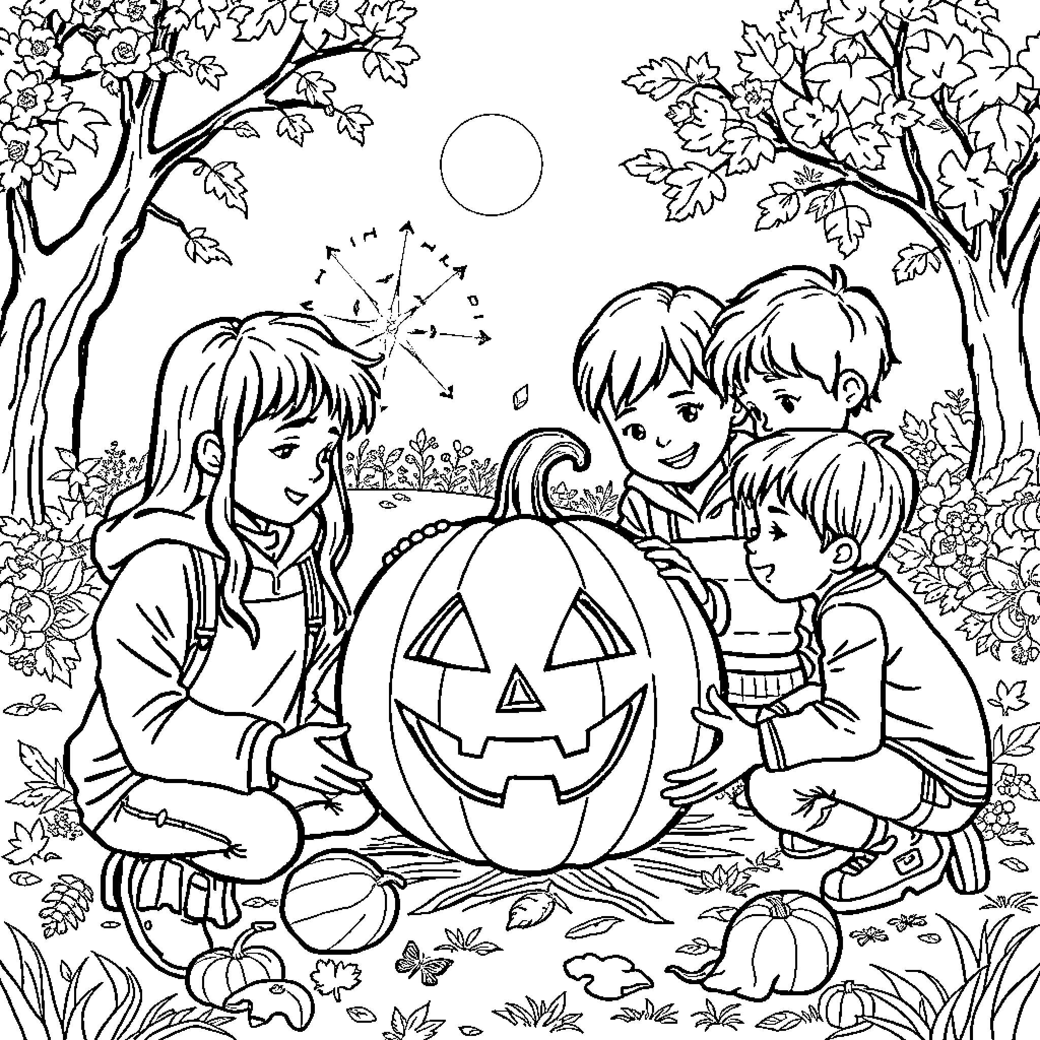 Jack-o'-lantern with children in autumn scene Coloring Page (free black-and-white line drawing printable PDF for all, from beginners to advanced learners, including children, teens, adults, and seniors)