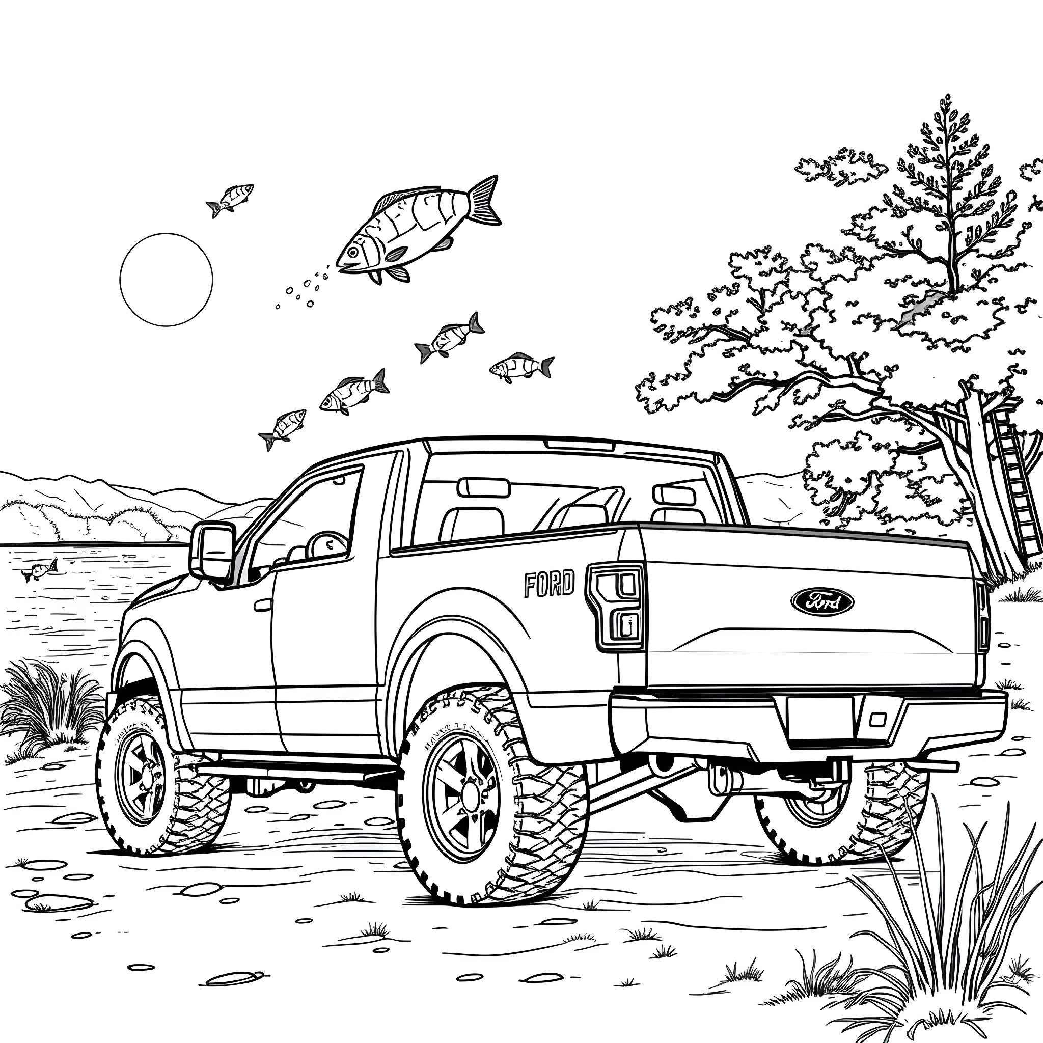 Ford Pickup Truck Off-Roading in Wilderness Coloring Page (free black-and-white line drawing printable PDF for all, from beginners to advanced learners, including children, teens, adults, and seniors)