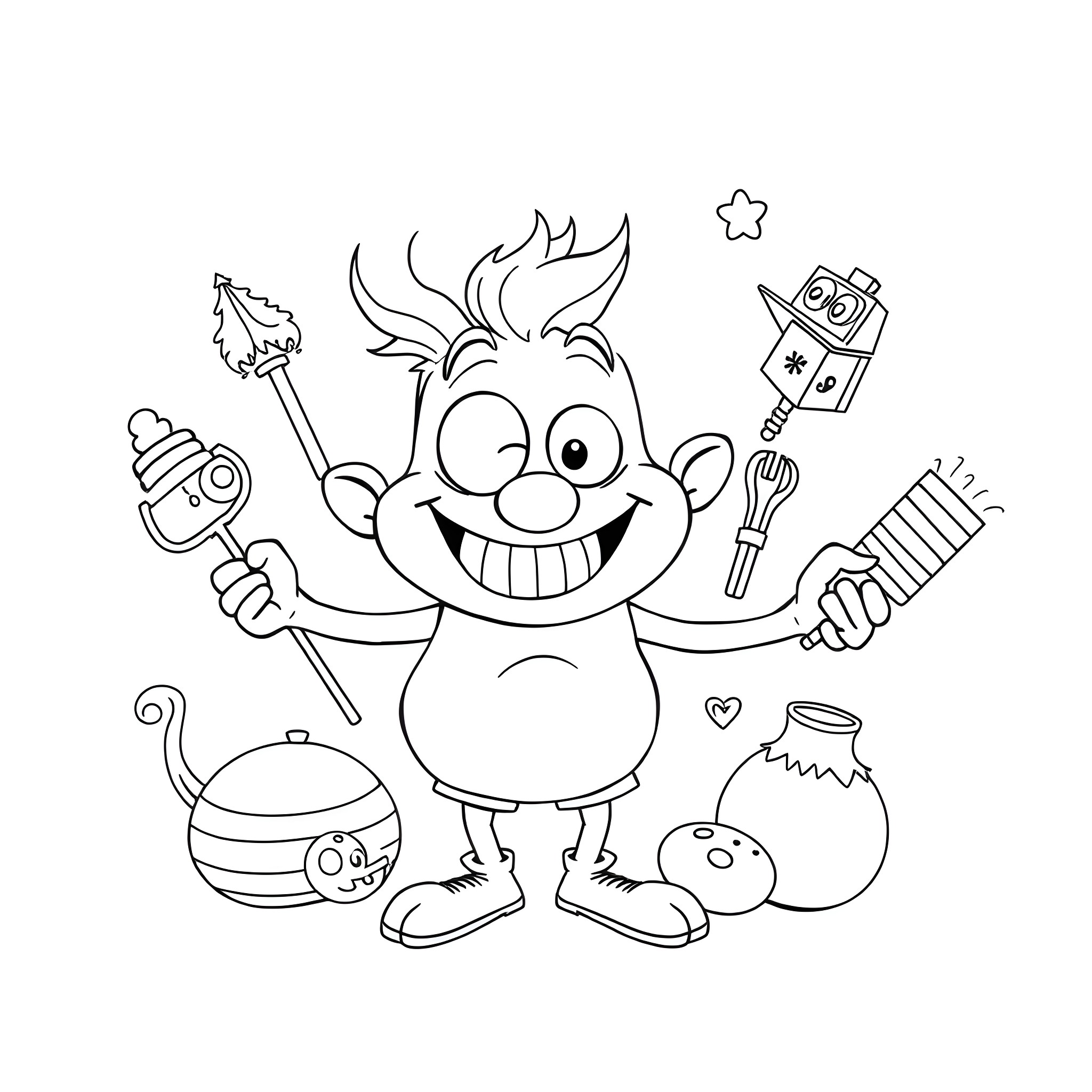 Bird juggling kitchen utensils and tools happily Coloring Page (free black-and-white line drawing printable PDF for all, from beginners to advanced learners, including children, teens, adults, and seniors)