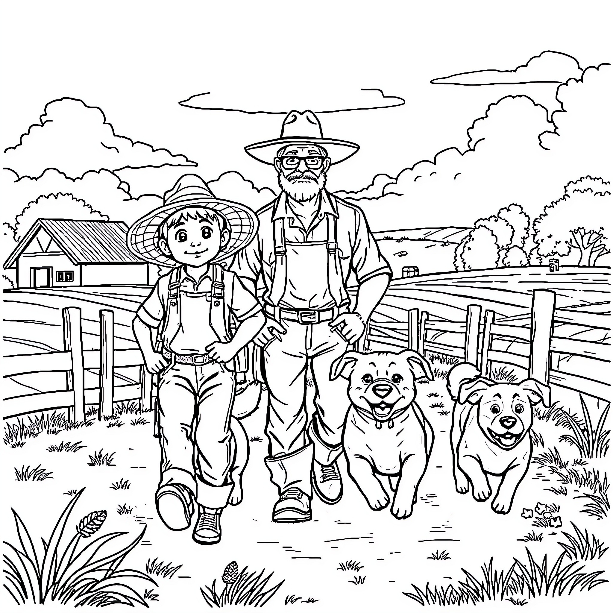 Farmer and Young Helper Exploring Countryside with Pets Coloring Page (free black-and-white line drawing printable PDF for all, from beginners to advanced learners, including children, teens, adults, and seniors)