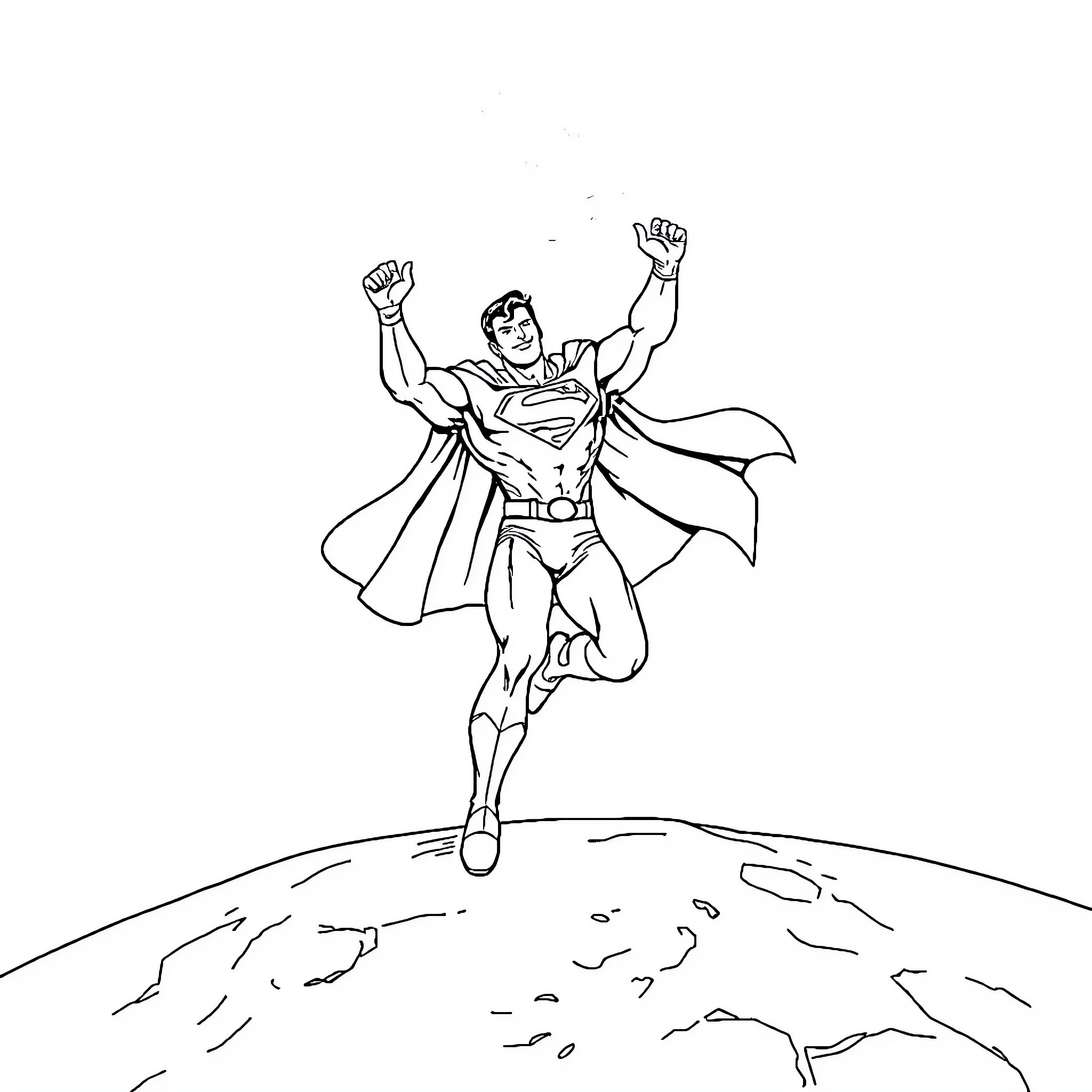 Superman flying high with heroic pose Coloring Page (free black-and-white line drawing printable PDF for all, from beginners to advanced learners, including children, teens, adults, and seniors)