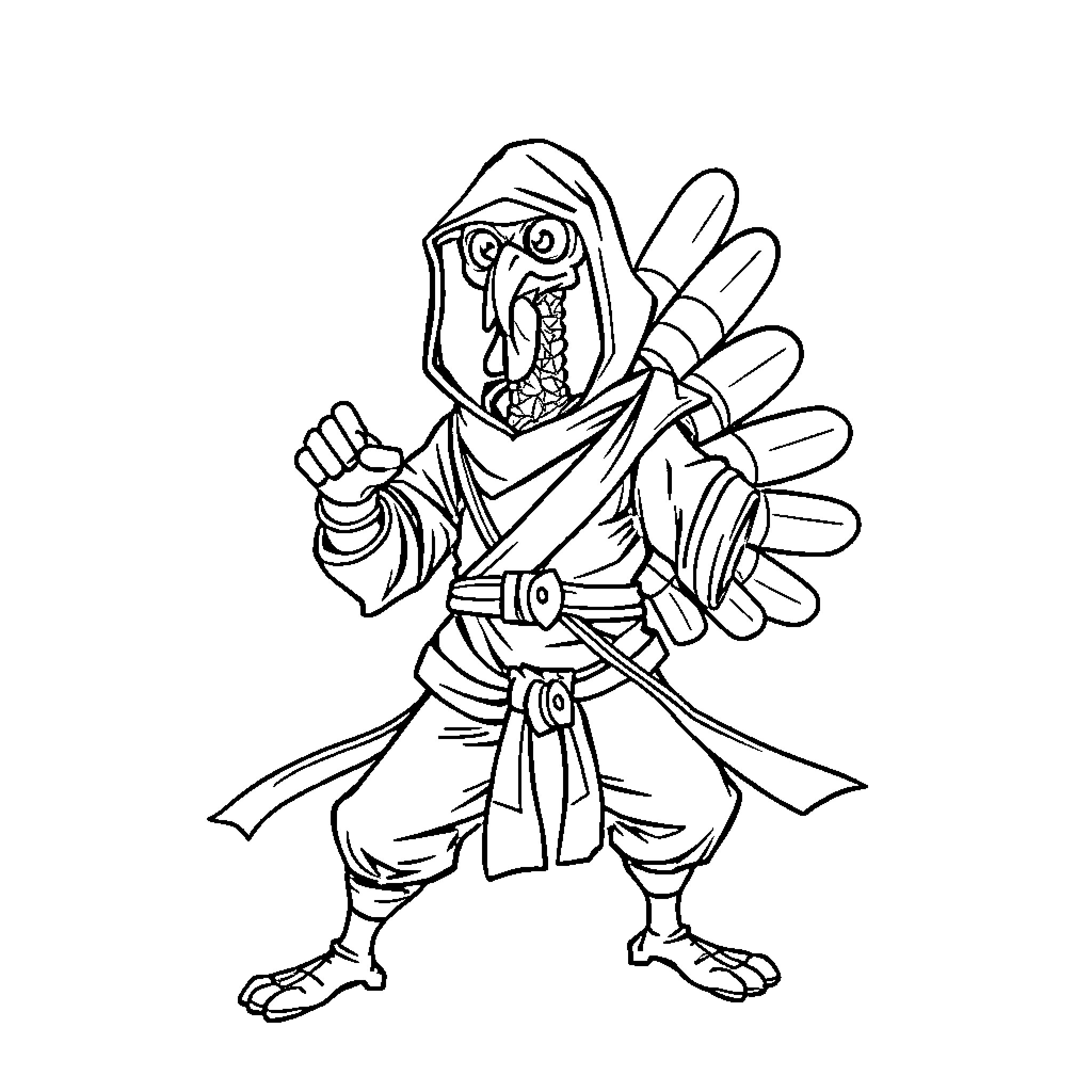 Turkey warrior in fighting stance Coloring Page (free black-and-white line drawing printable PDF for all, from beginners to advanced learners, including children, teens, adults, and seniors)