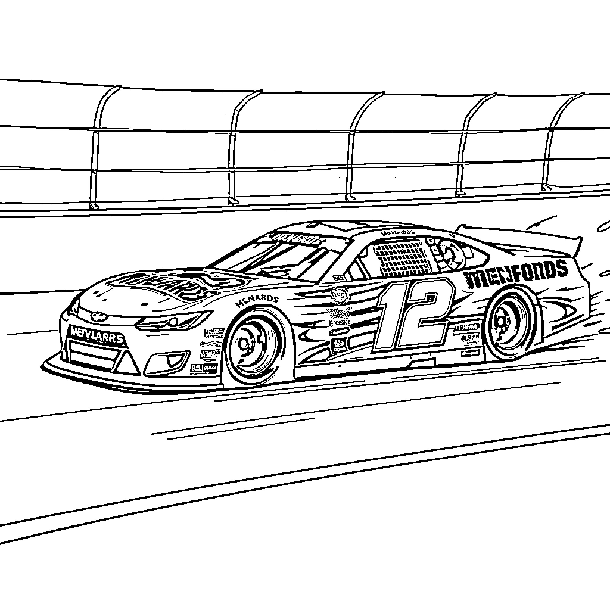 Race Car Racing at High Speed on Racetrack Coloring Page (free black-and-white line drawing printable PDF for all, from beginners to advanced learners, including children, teens, adults, and seniors)