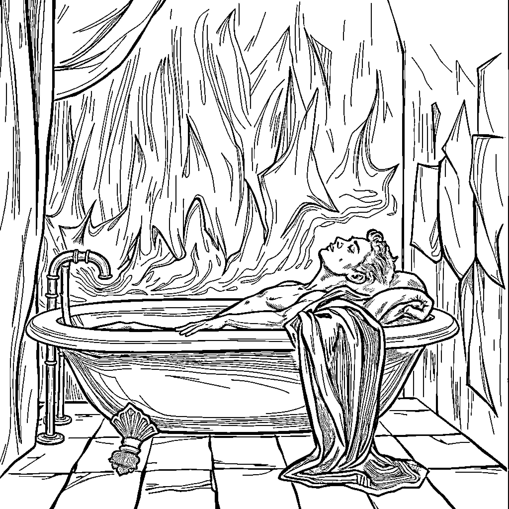 Marat in his bathtub, contemplating his revolutionary ideals Coloring Page (free black-and-white line drawing printable PDF for all, from beginners to advanced learners, including children, teens, adults, and seniors)