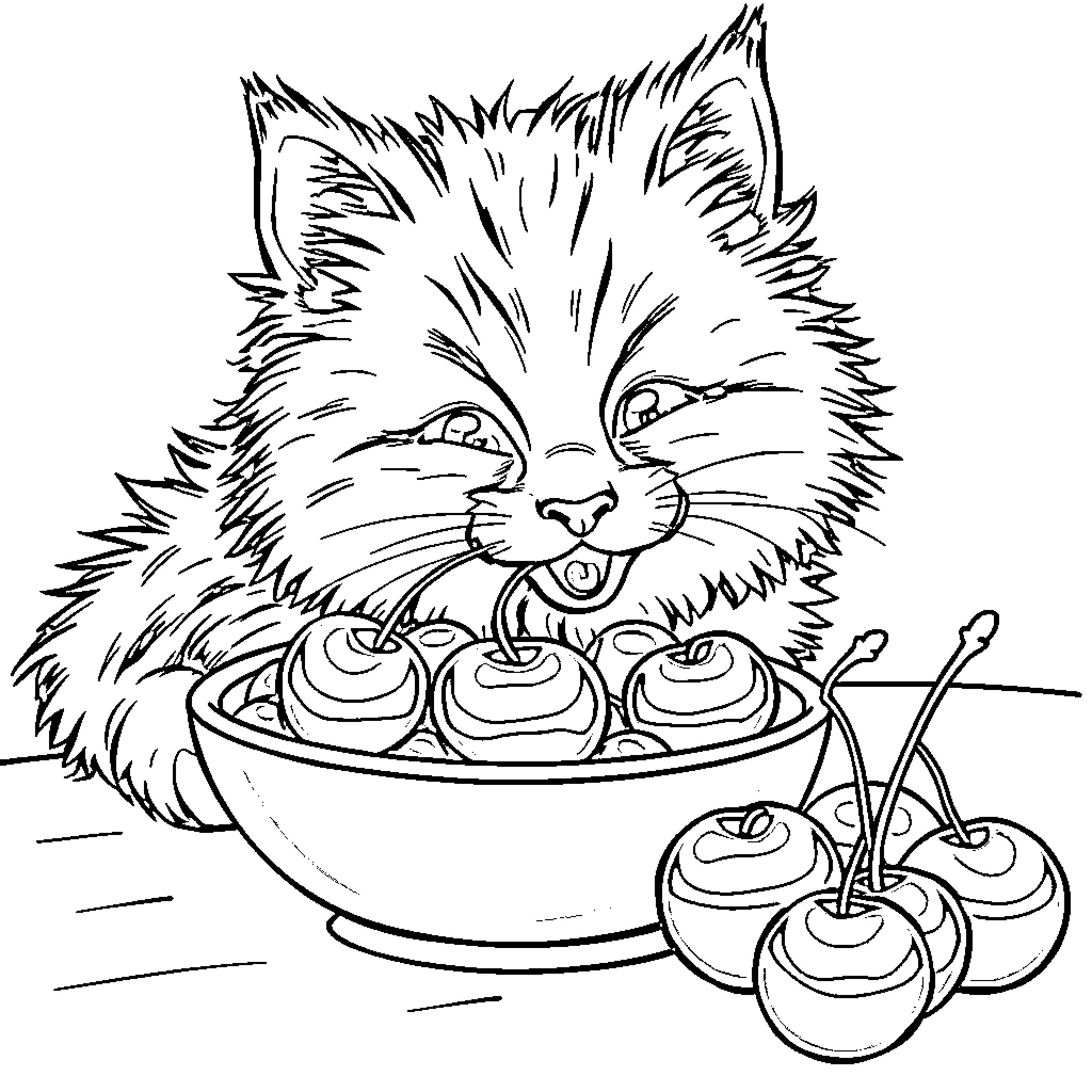 Cat with treats in a bowl Coloring Page (free black-and-white line drawing printable PDF for all, from beginners to advanced learners, including children, teens, adults, and seniors)