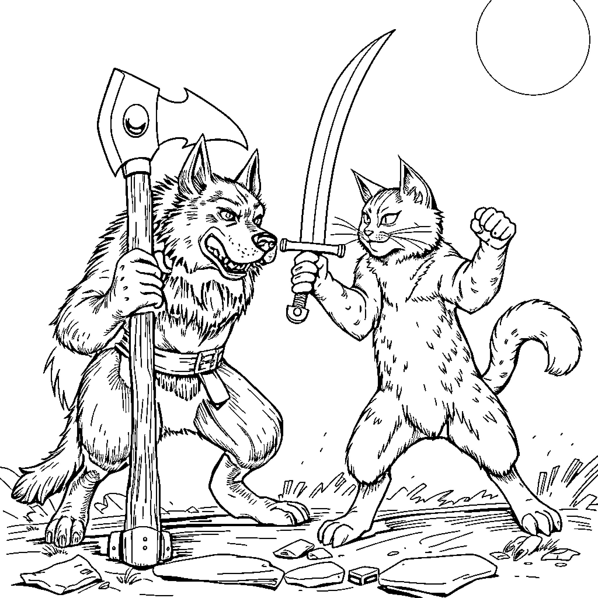 Dog and cat warriors fighting with swords in the moonlight Coloring Page (free black-and-white line drawing printable PDF for all, from beginners to advanced learners, including children, teens, adults, and seniors)