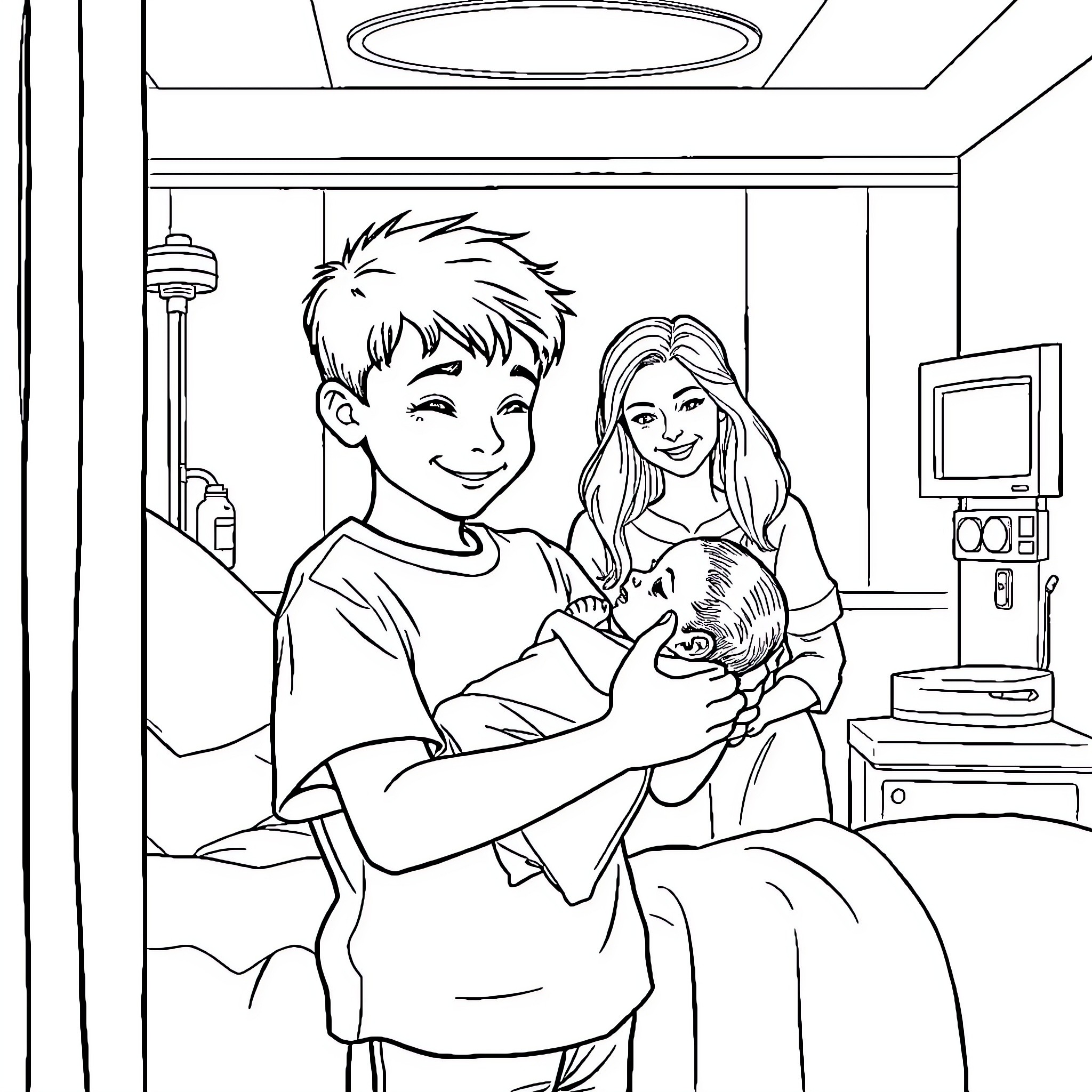Brother welcomes newborn sibling in hospital Coloring Page (free black-and-white line drawing printable PDF for all, from beginners to advanced learners, including children, teens, adults, and seniors)