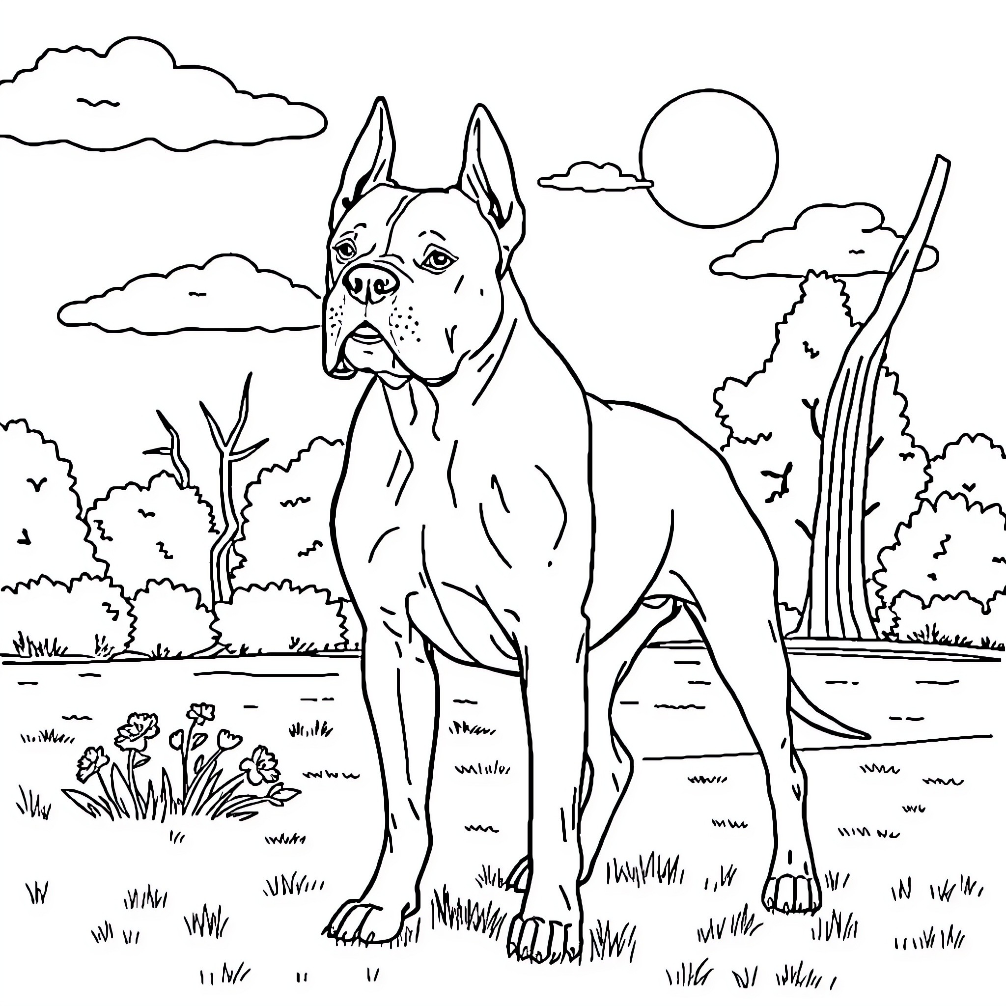 Dogo Argentino standing proudly in natural setting Coloring Page (free black-and-white line drawing printable PDF for all, from beginners to advanced learners, including children, teens, adults, and seniors)