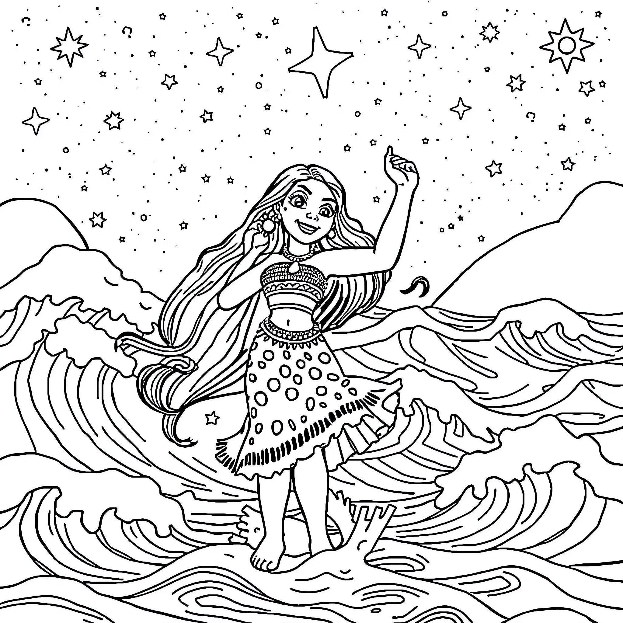 Moana Exploring the Starry Night Seascape Coloring Page (free black-and-white line drawing printable PDF for all, from beginners to advanced learners, including children, teens, adults, and seniors)
