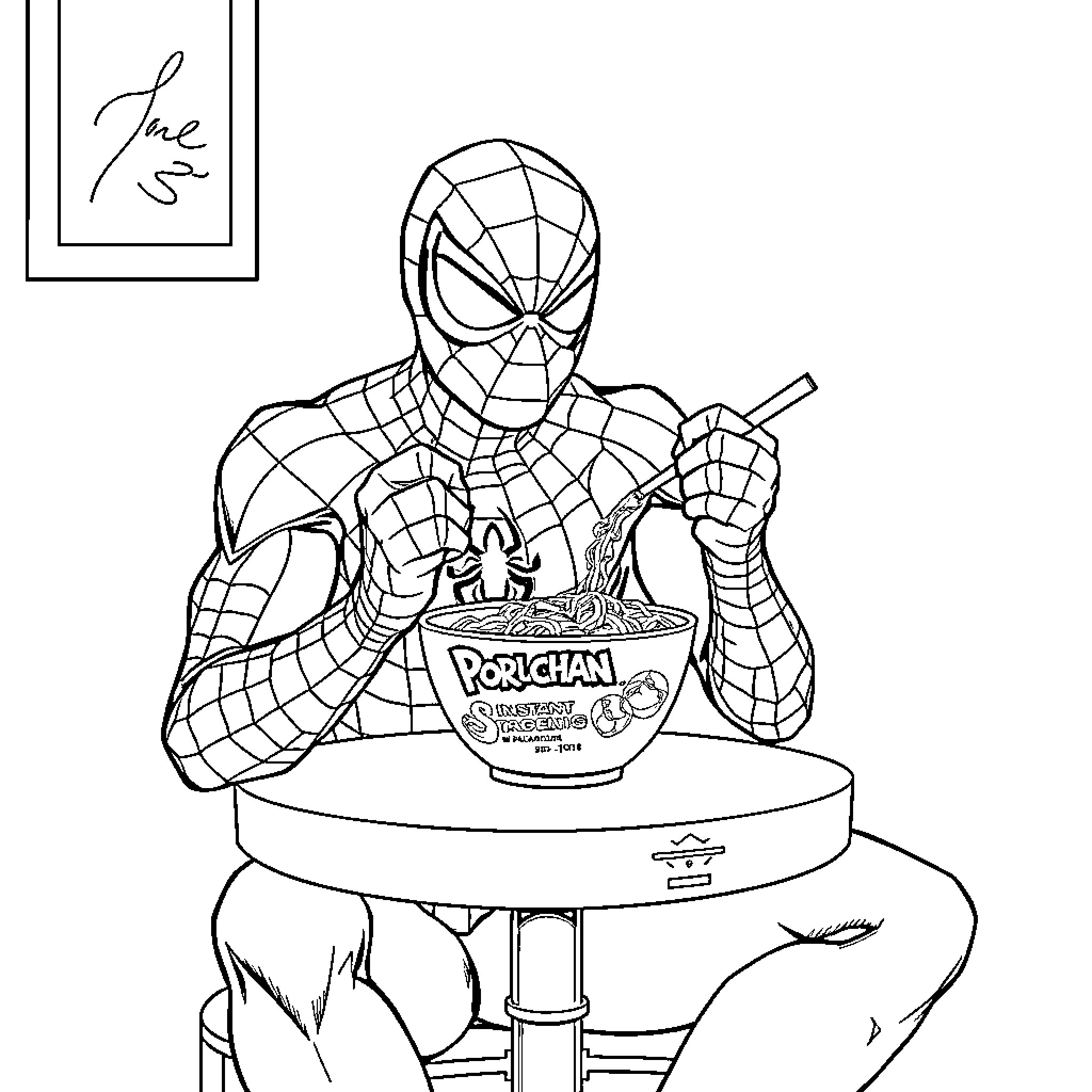 Spider-Man Enjoying Ramen Noodles Coloring Page (free black-and-white line drawing printable PDF for all, from beginners to advanced learners, including children, teens, adults, and seniors)