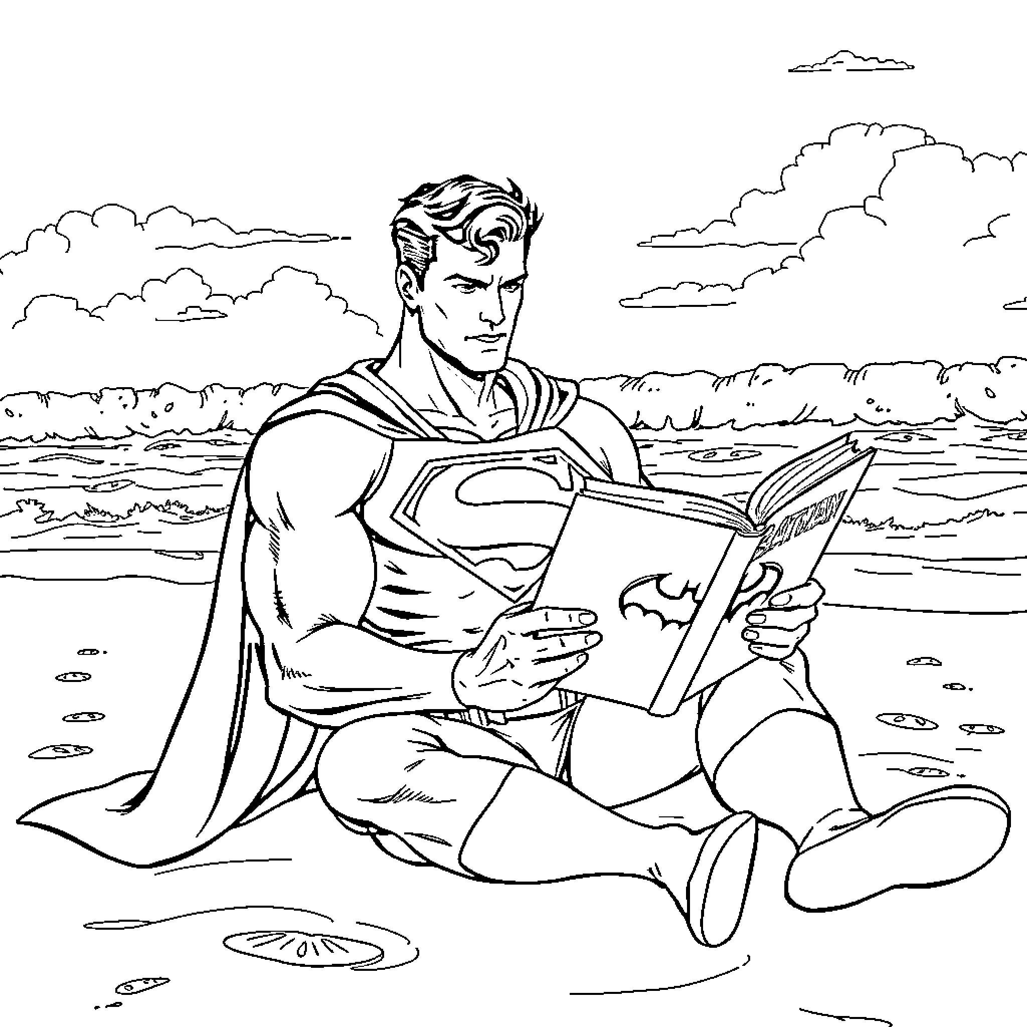 Superman reading a book by the lakeside Coloring Page (free black-and-white line drawing printable PDF for all, from beginners to advanced learners, including children, teens, adults, and seniors)
