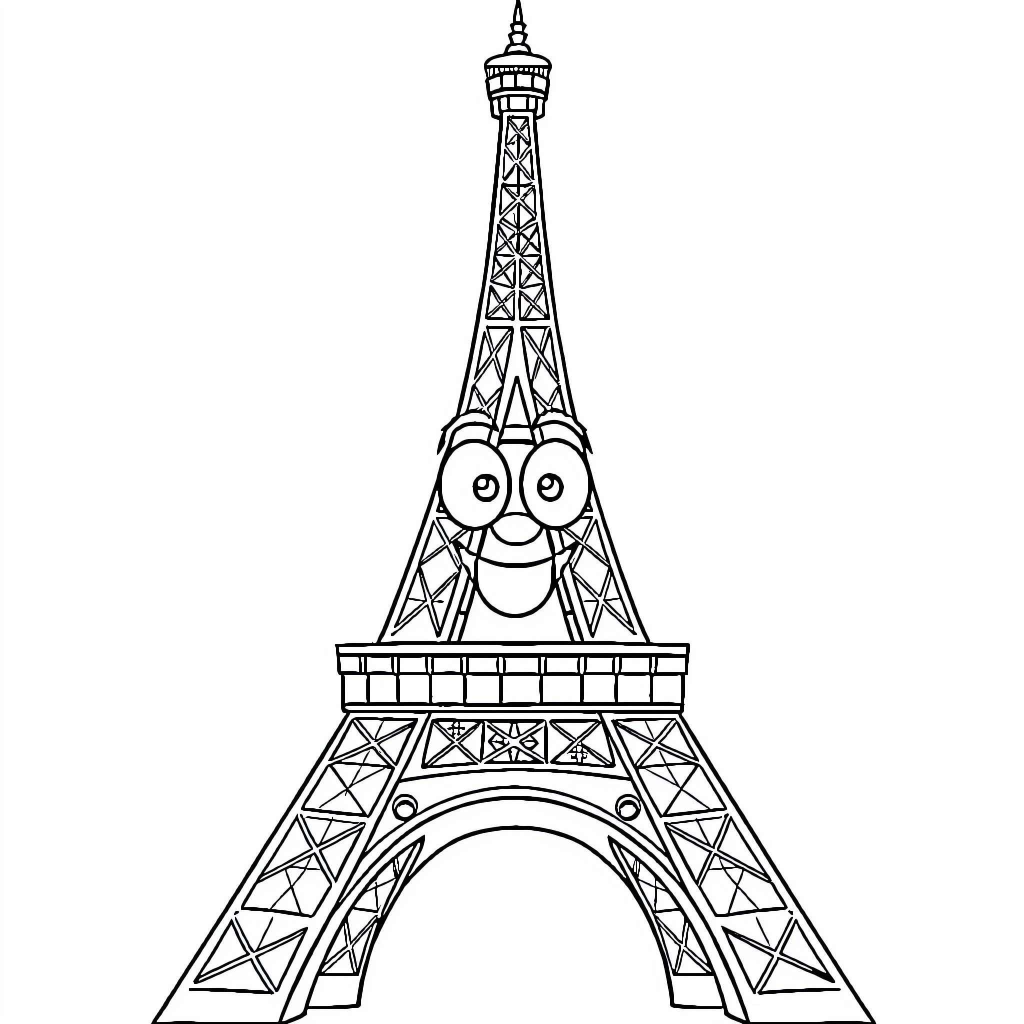 Eiffel Tower with a Friendly Face Coloring Page (free black-and-white line drawing printable PDF for all, from beginners to advanced learners, including children, teens, adults, and seniors)