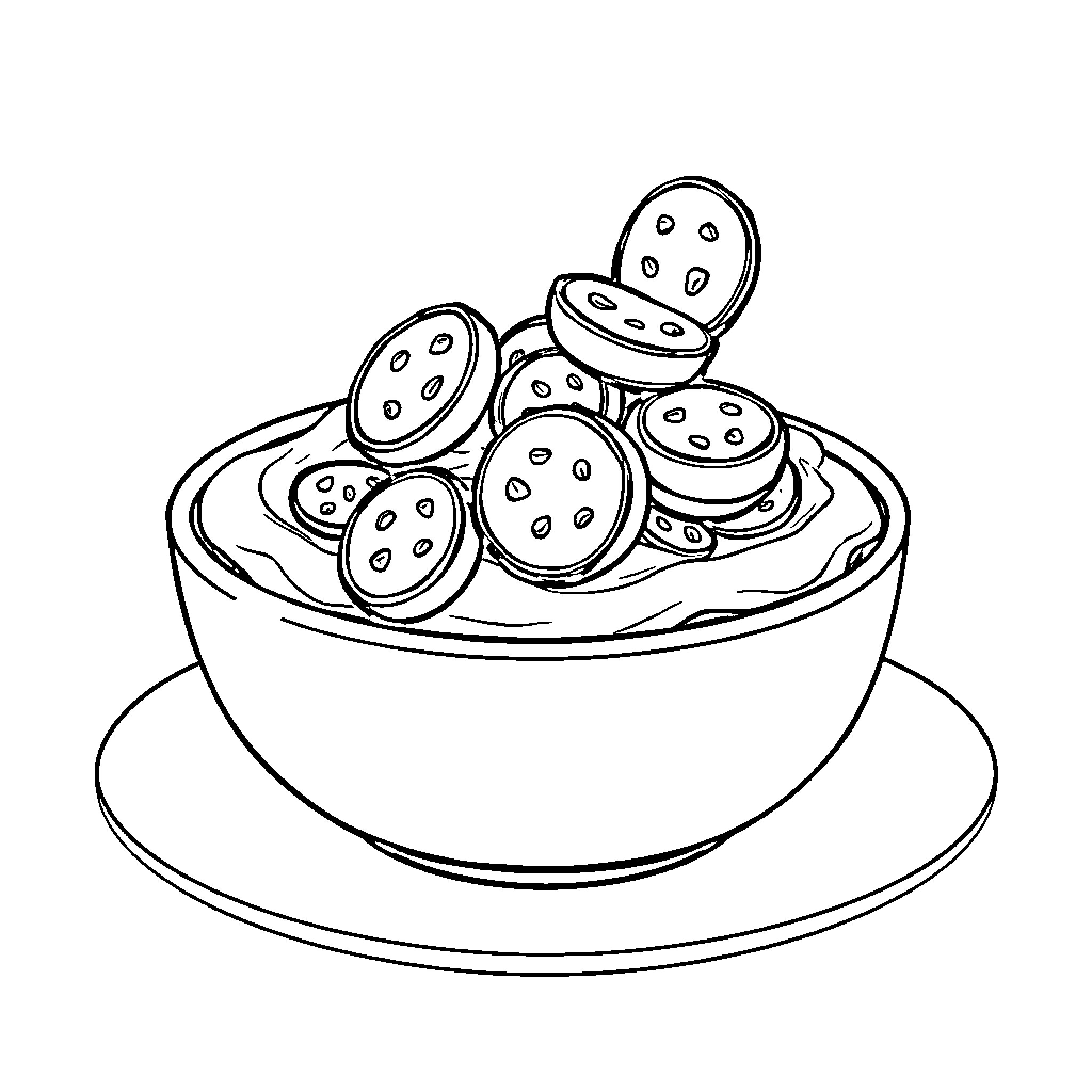 Pudding filled with delightful treats in a bowl Coloring Page (free black-and-white line drawing printable PDF for all, from beginners to advanced learners, including children, teens, adults, and seniors)