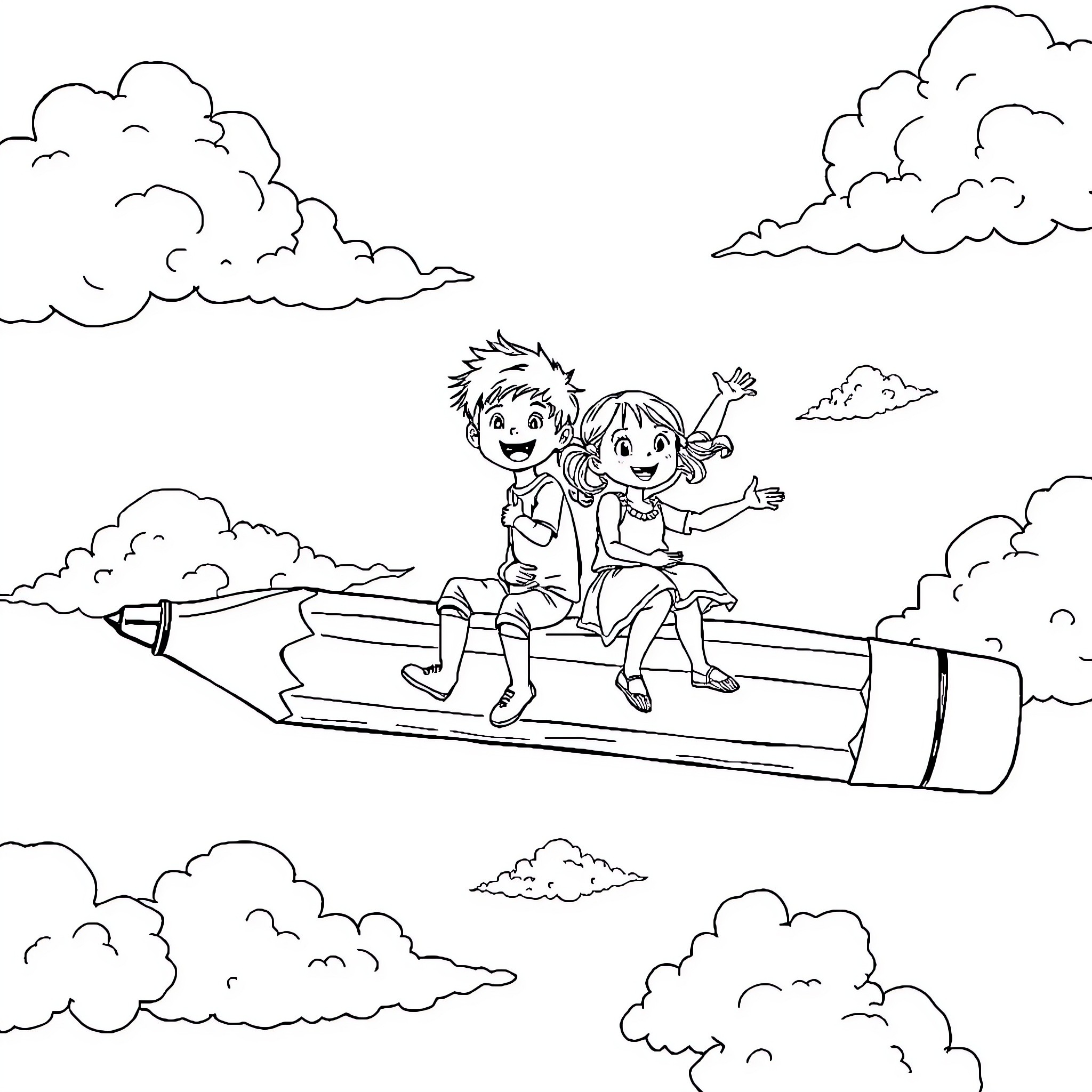 Kids enjoying a playful ride in the sky Coloring Page (free black-and-white line drawing printable PDF for all, from beginners to advanced learners, including children, teens, adults, and seniors)