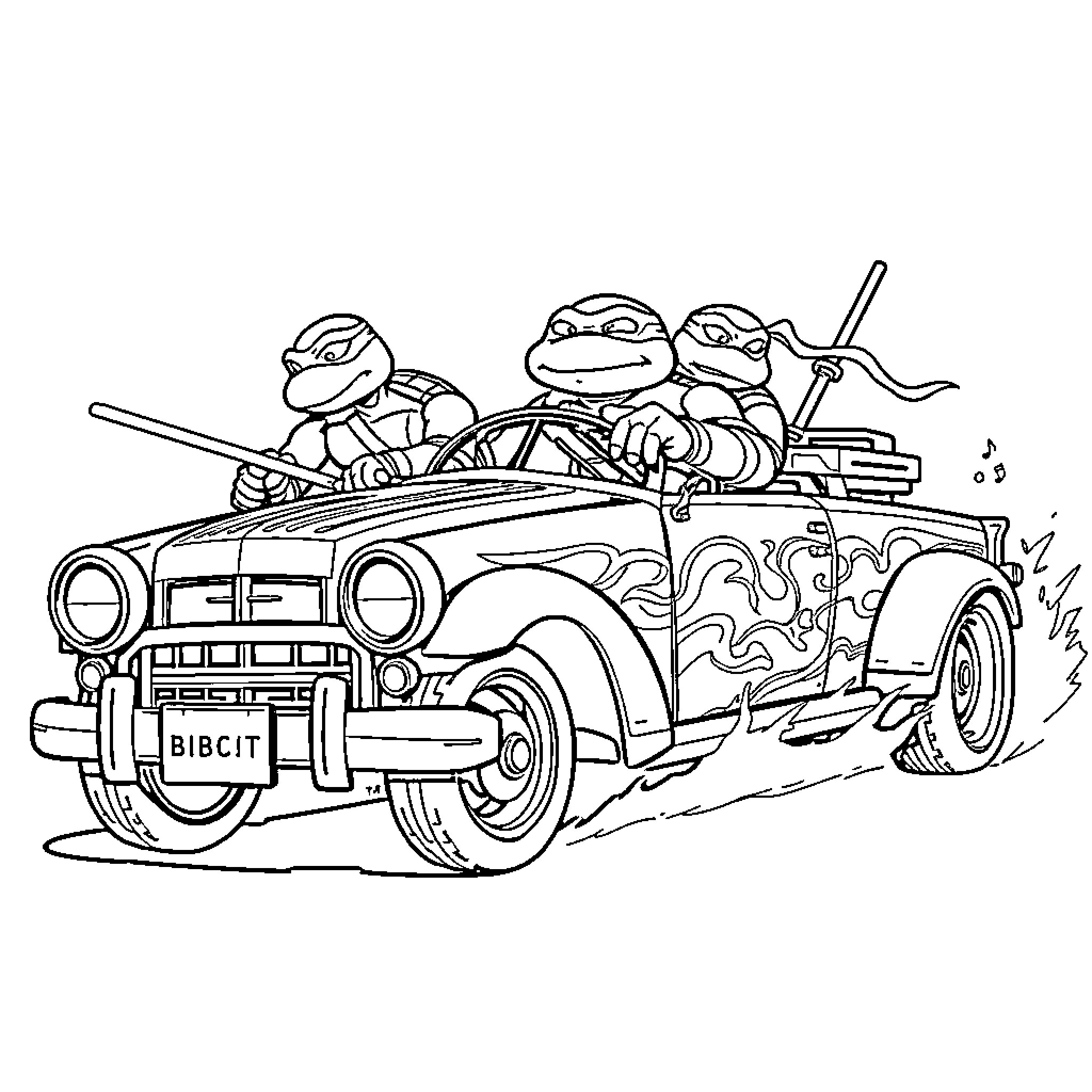 Teenage Mutant Ninja Turtles ride in an action-packed vehicle Coloring Page (free black-and-white line drawing printable PDF for all, from beginners to advanced learners, including children, teens, adults, and seniors)