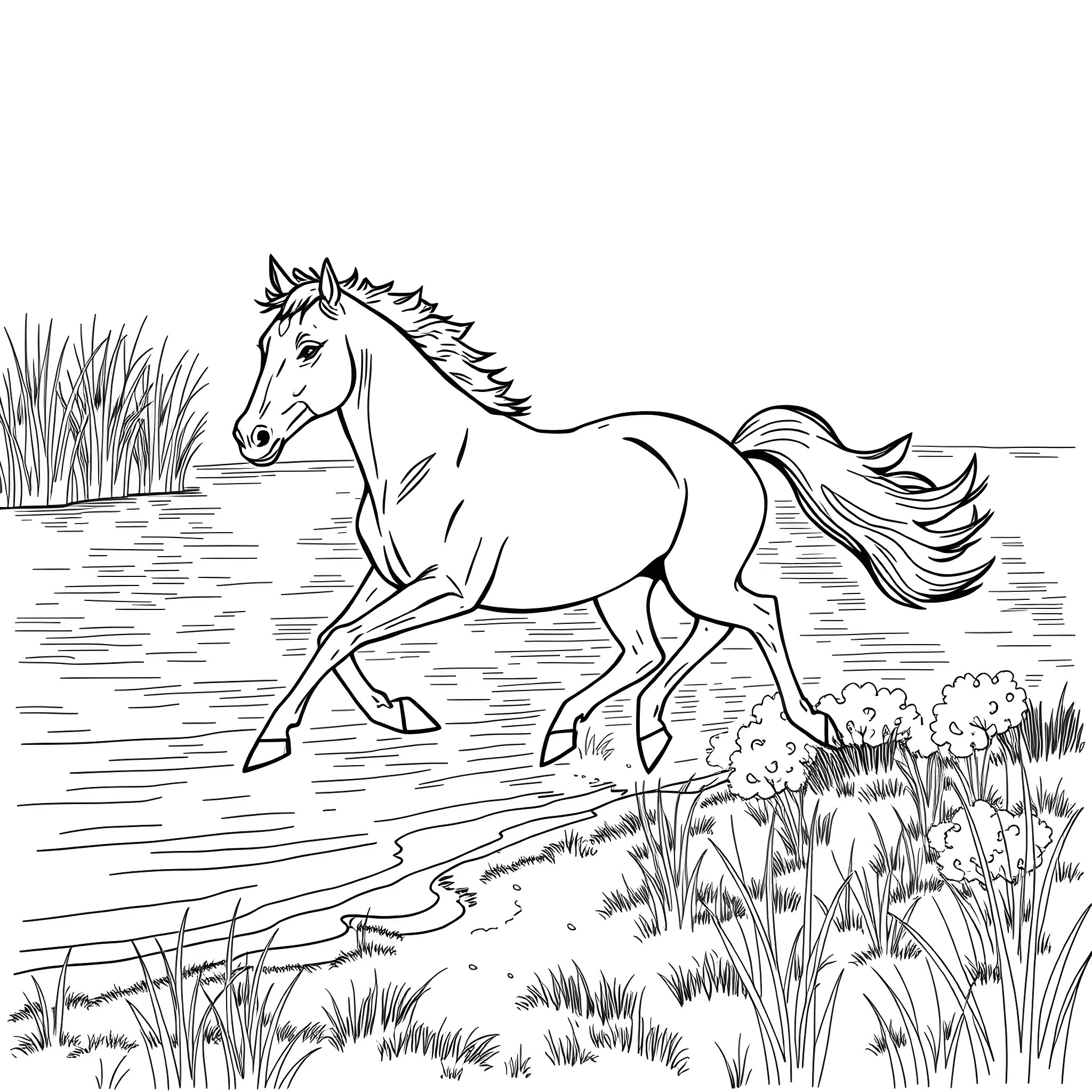 Horse galloping gracefully through the meadow Coloring Page (free black-and-white line drawing printable PDF for all, from beginners to advanced learners, including children, teens, adults, and seniors)