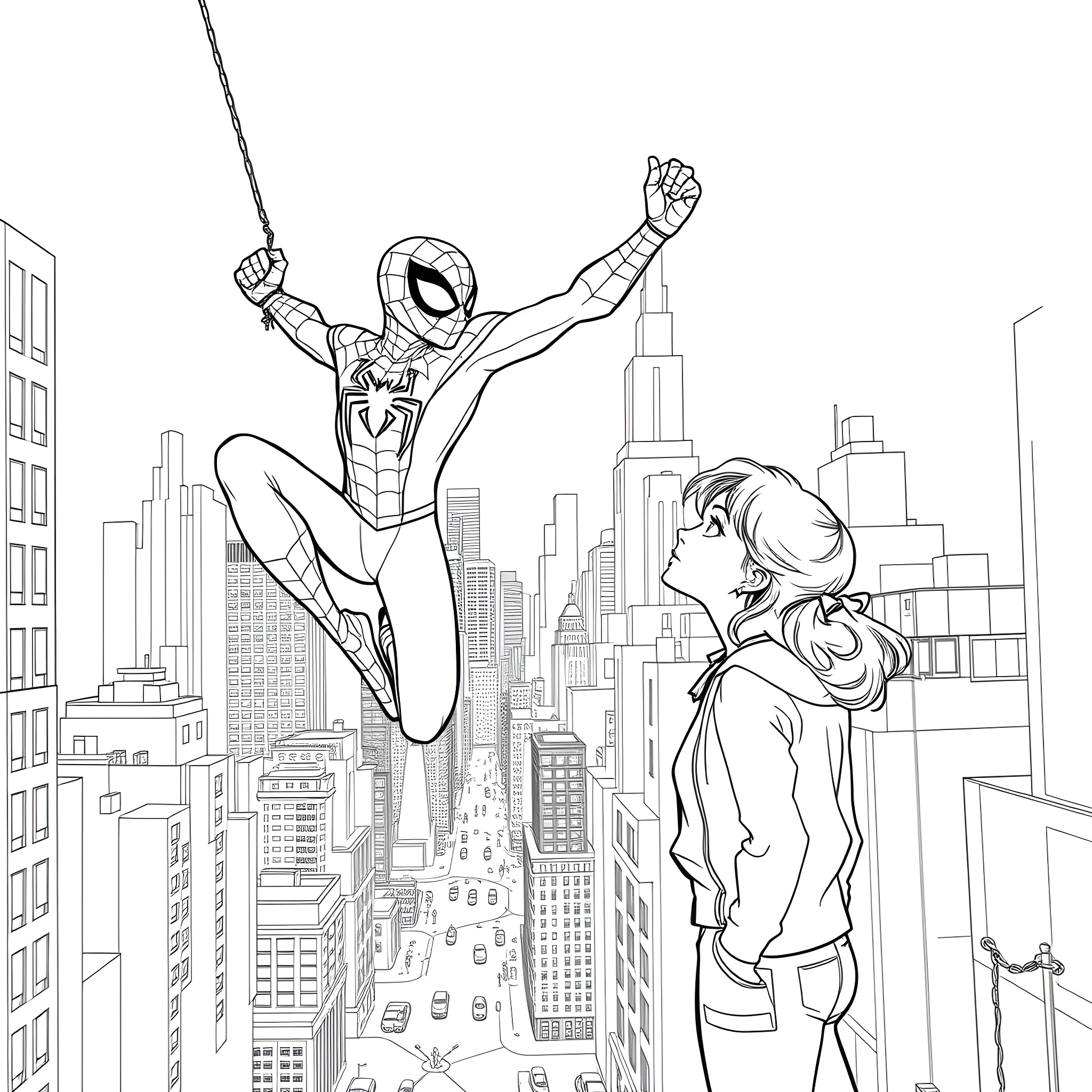 Spider-Man swinging in the city, interacting with a woman Coloring Page (free black-and-white line drawing printable PDF for all, from beginners to advanced learners, including children, teens, adults, and seniors)