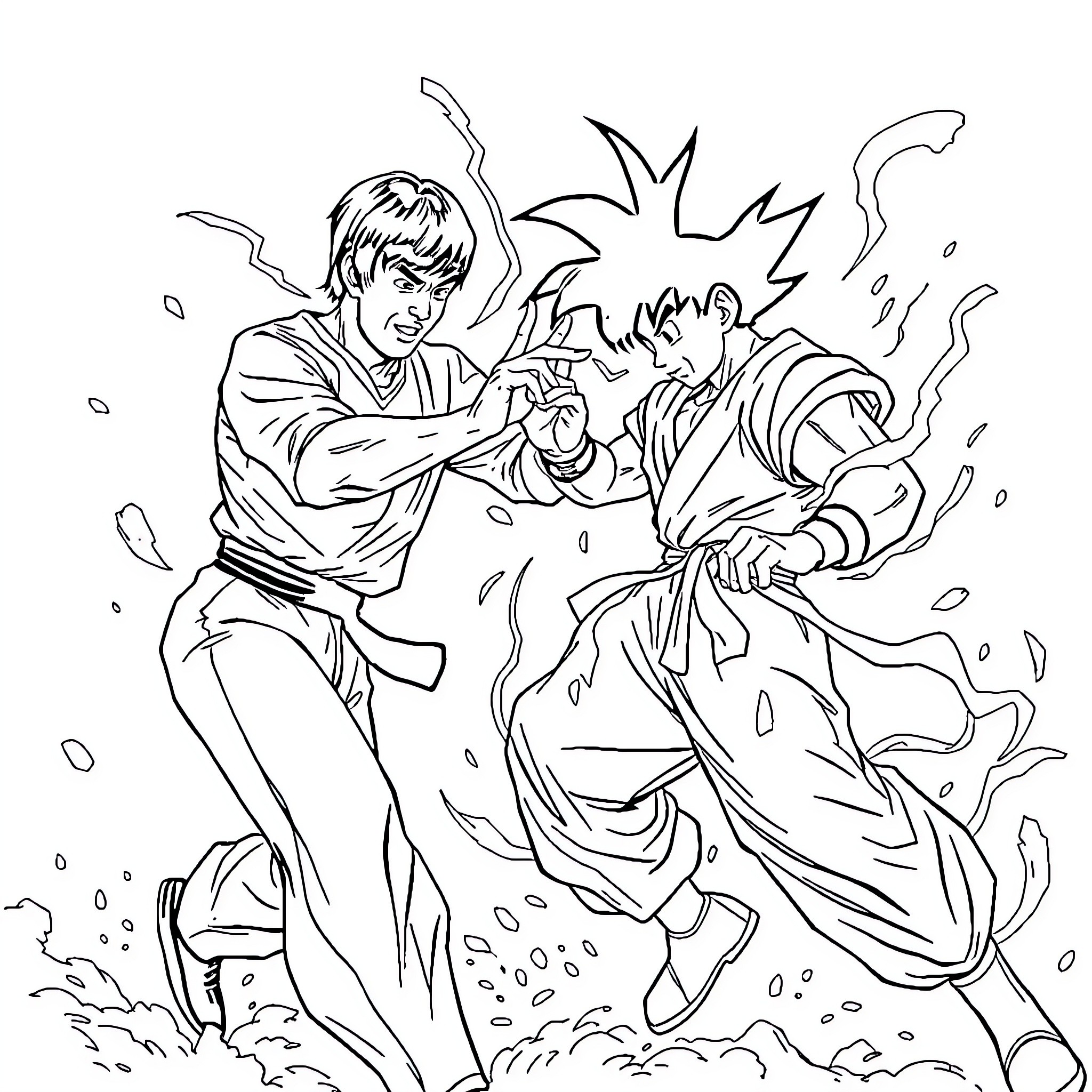 Bruce Lee's Intense Martial Arts Clash Coloring Page (free black-and-white line drawing printable PDF for all, from beginners to advanced learners, including children, teens, adults, and seniors)