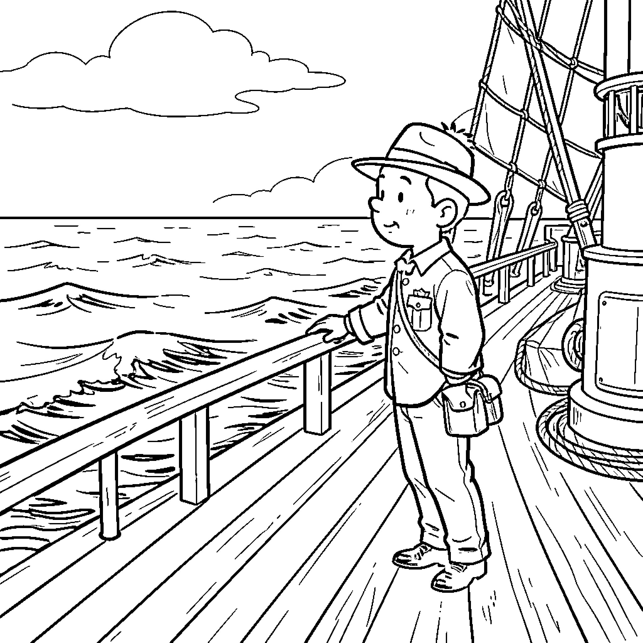 Tintin exploring the high seas on a ship Coloring Page (free black-and-white line drawing printable PDF for all, from beginners to advanced learners, including children, teens, adults, and seniors)