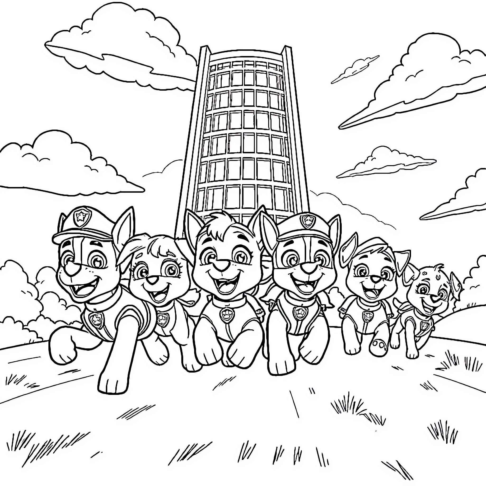 Paw Patrol Heroic Pups on Patrol Coloring Page (free black-and-white line drawing printable PDF for all, from beginners to advanced learners, including children, teens, adults, and seniors)