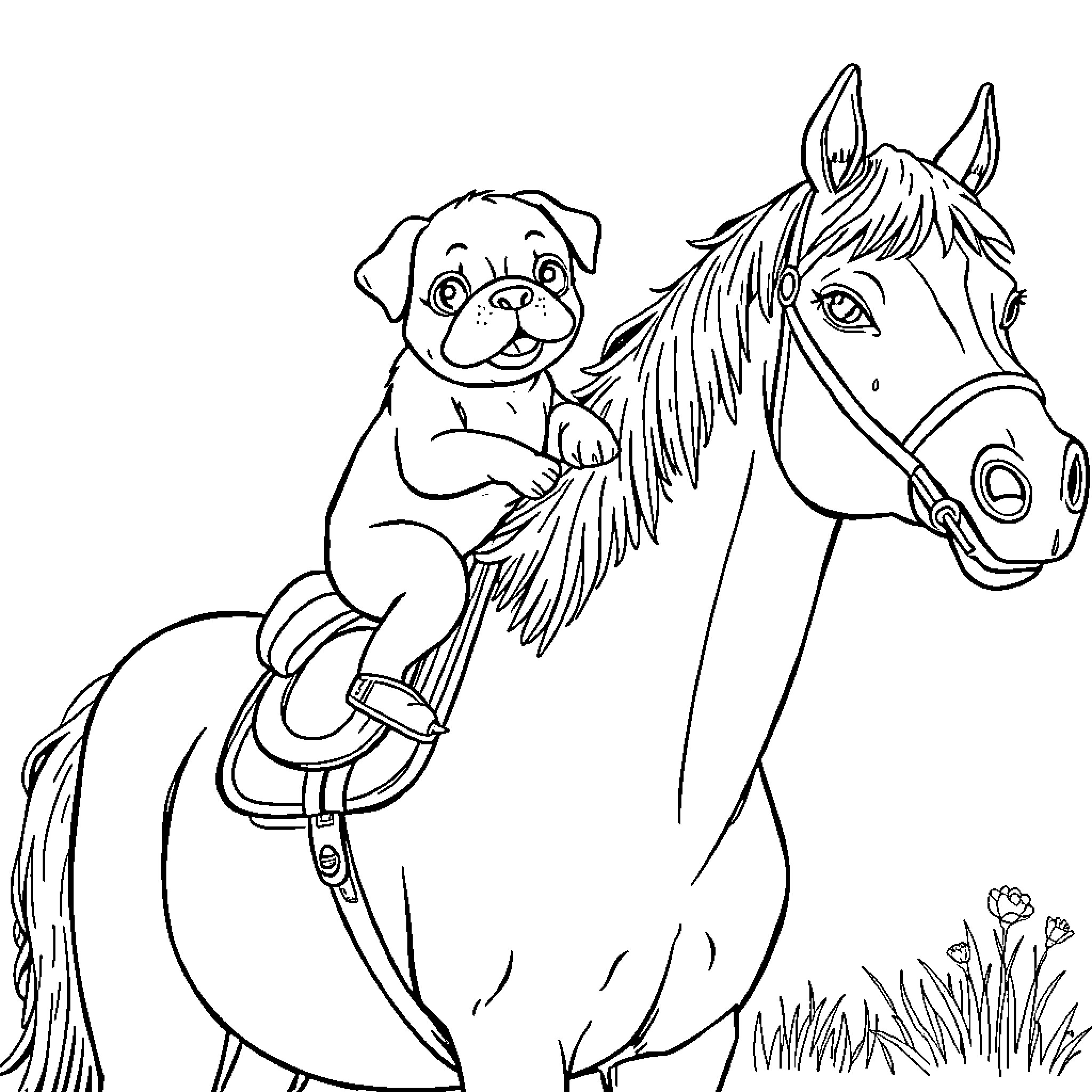 Pug enjoying a pony ride in the meadow Coloring Page (free black-and-white line drawing printable PDF for all, from beginners to advanced learners, including children, teens, adults, and seniors)
