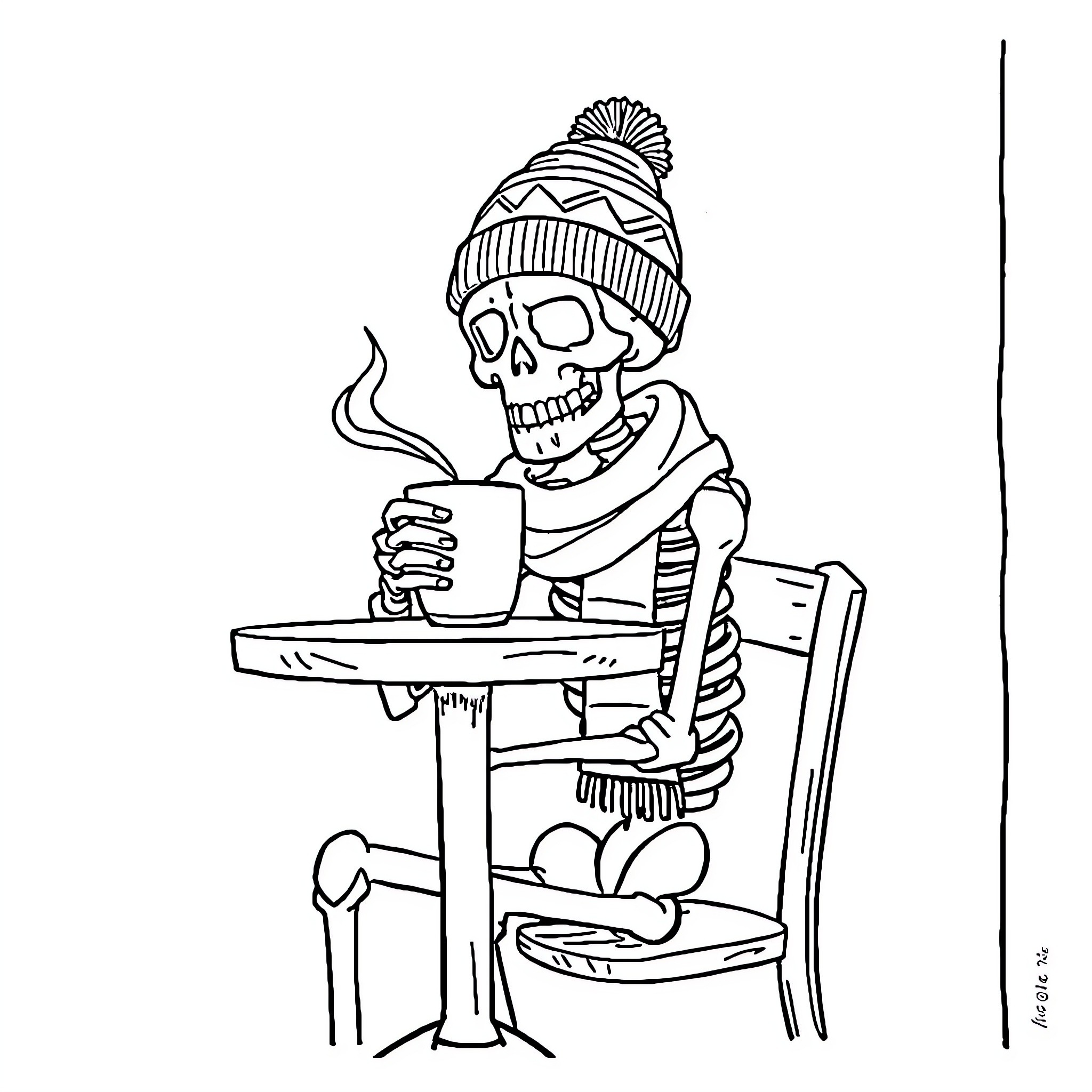 Skeleton enjoying a warm beverage at a desk Coloring Page (free black-and-white line drawing printable PDF for all, from beginners to advanced learners, including children, teens, adults, and seniors)