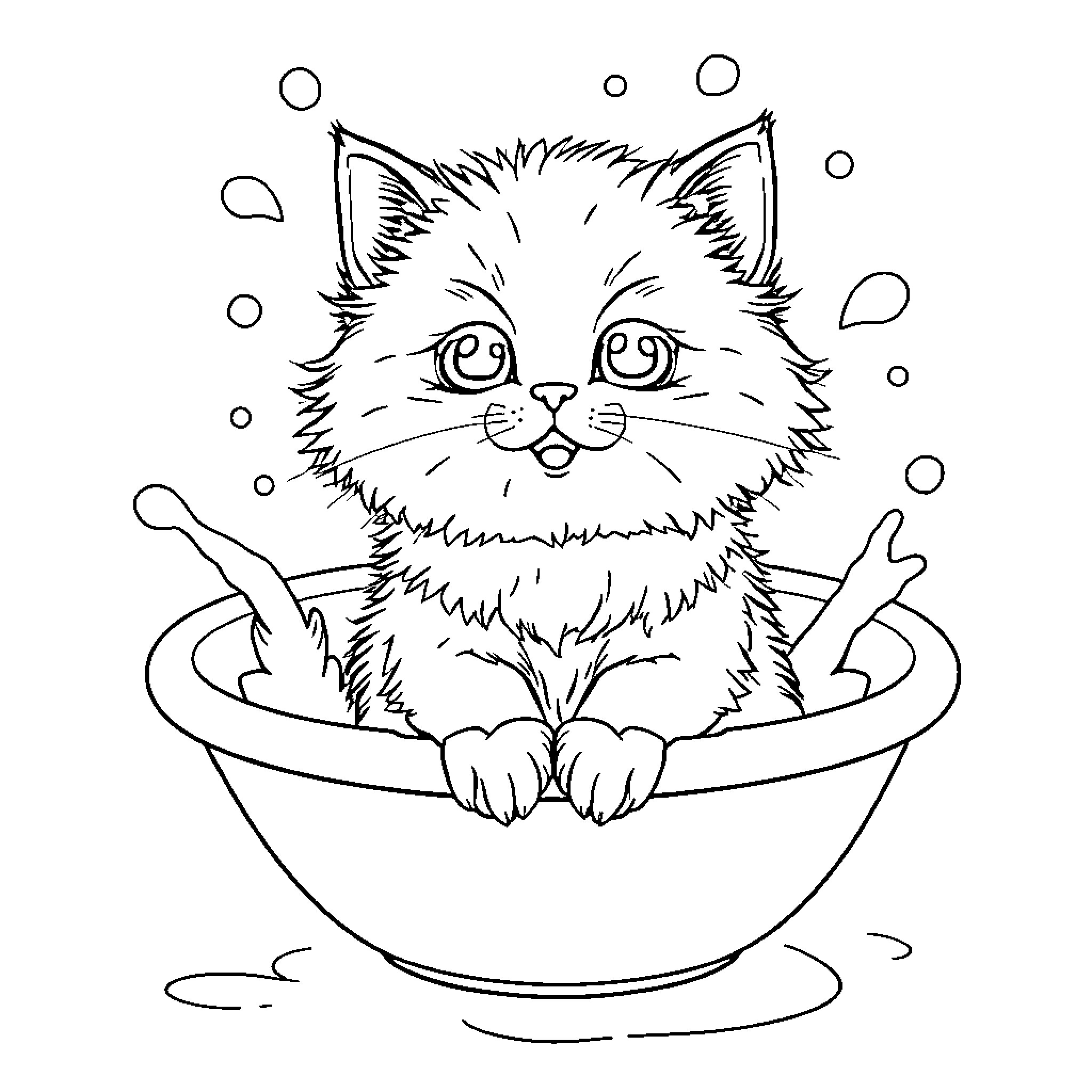 Cat in a Cozy Bowl Coloring Page (free black-and-white line drawing printable PDF for all, from beginners to advanced learners, including children, teens, adults, and seniors)