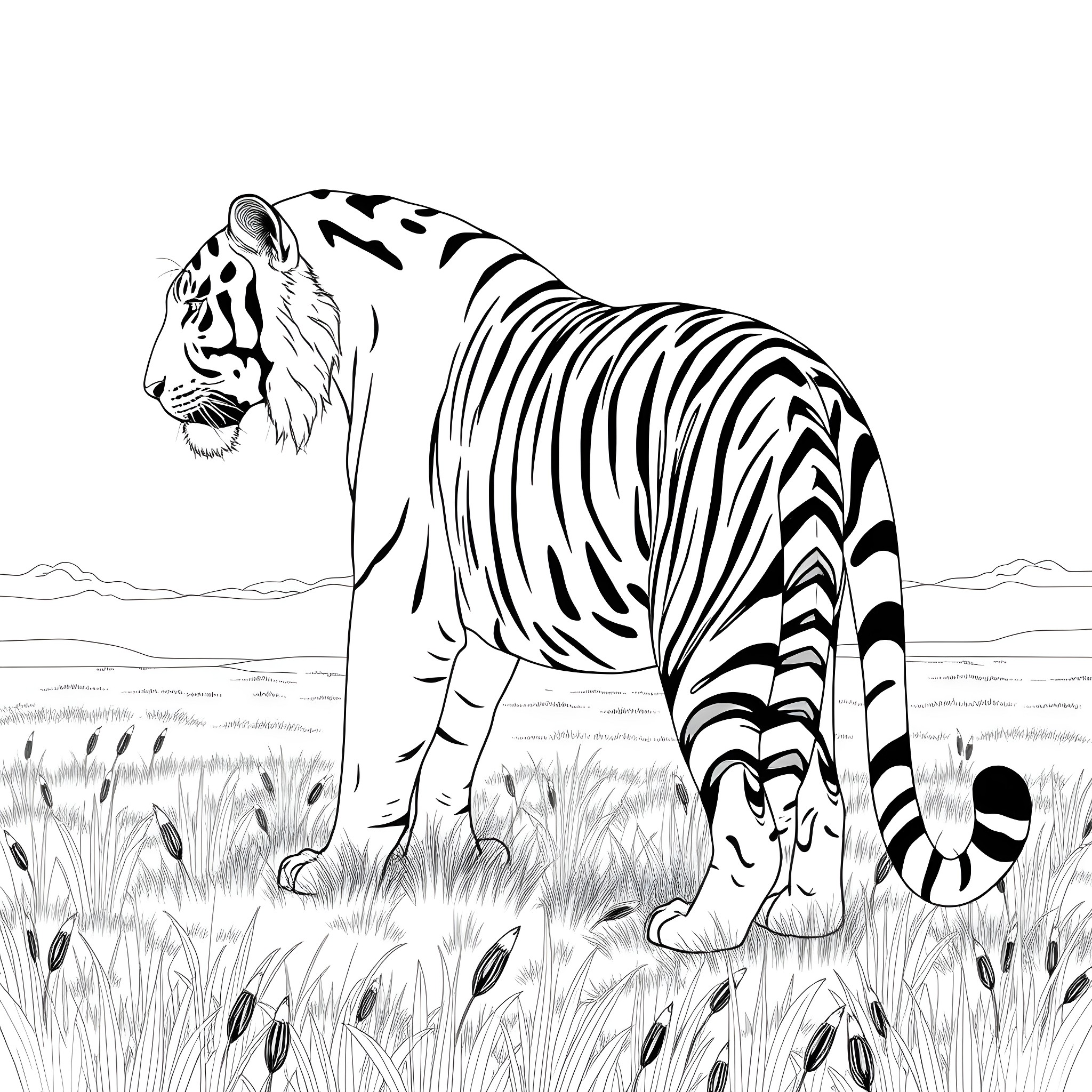 Tiger stalking through the grasslands Coloring Page (free black-and-white line drawing printable PDF for all, from beginners to advanced learners, including children, teens, adults, and seniors)