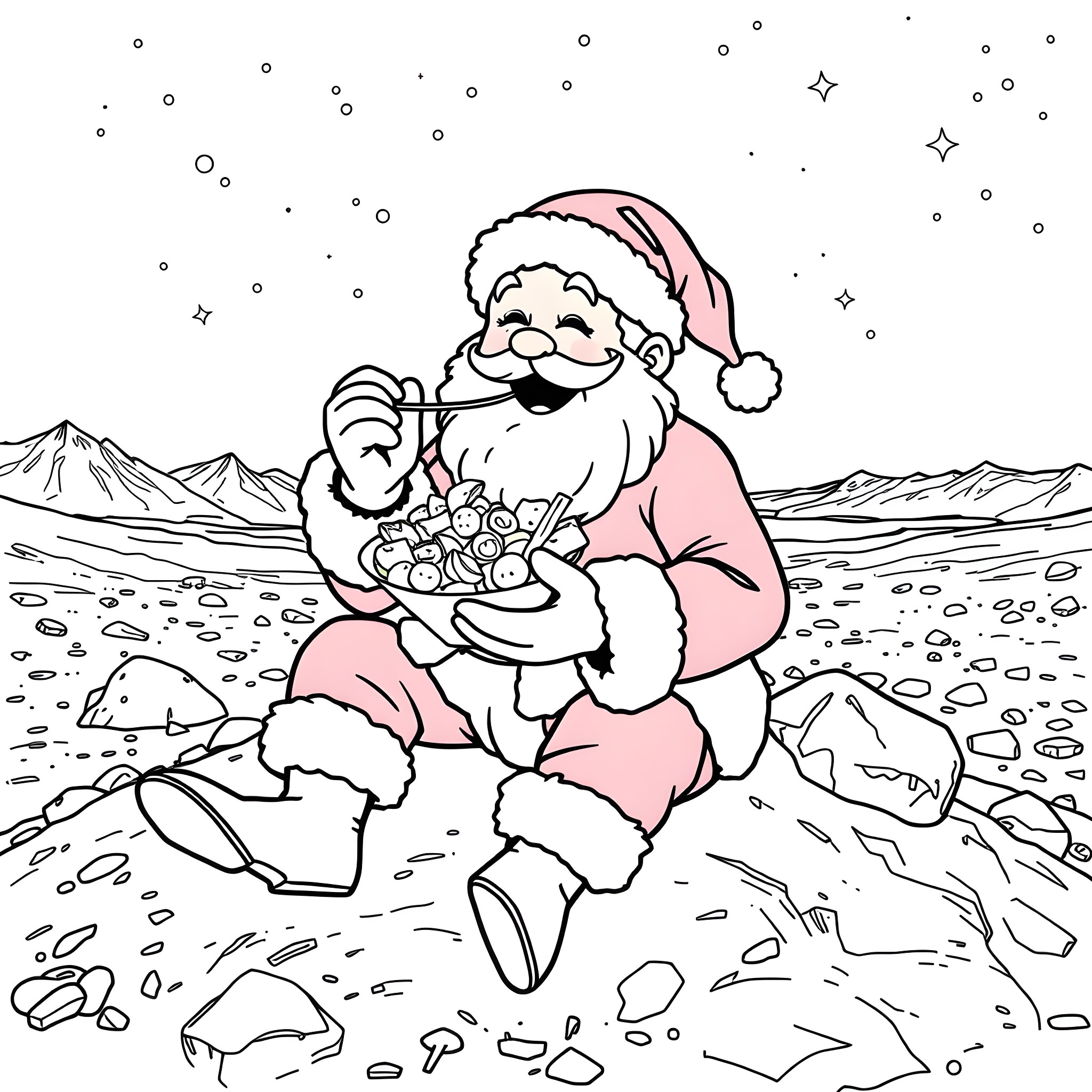 Santa's Snowy Surprise Coloring Page (free black-and-white line drawing printable PDF for all, from beginners to advanced learners, including children, teens, adults, and seniors)