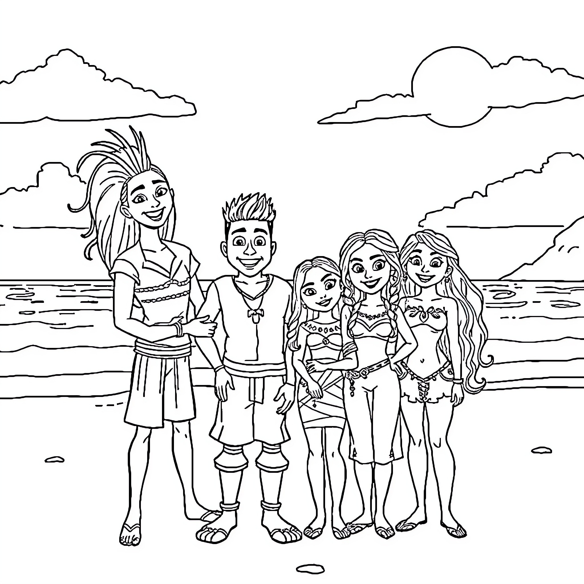 Descendants enjoying a beachside gathering Coloring Page (free black-and-white line drawing printable PDF for all, from beginners to advanced learners, including children, teens, adults, and seniors)
