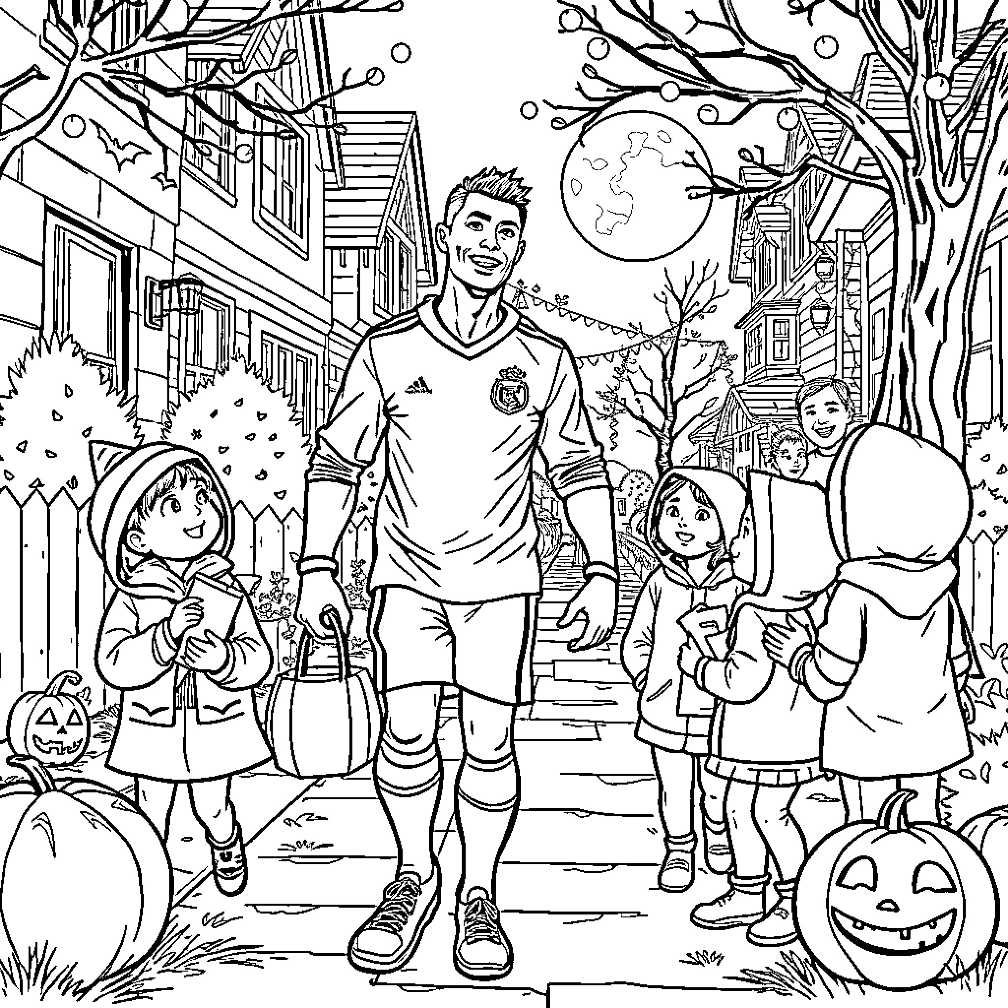 Cristiano Ronaldo Celebrating Halloween with Kids Coloring Page (free black-and-white line drawing printable PDF for all, from beginners to advanced learners, including children, teens, adults, and seniors)