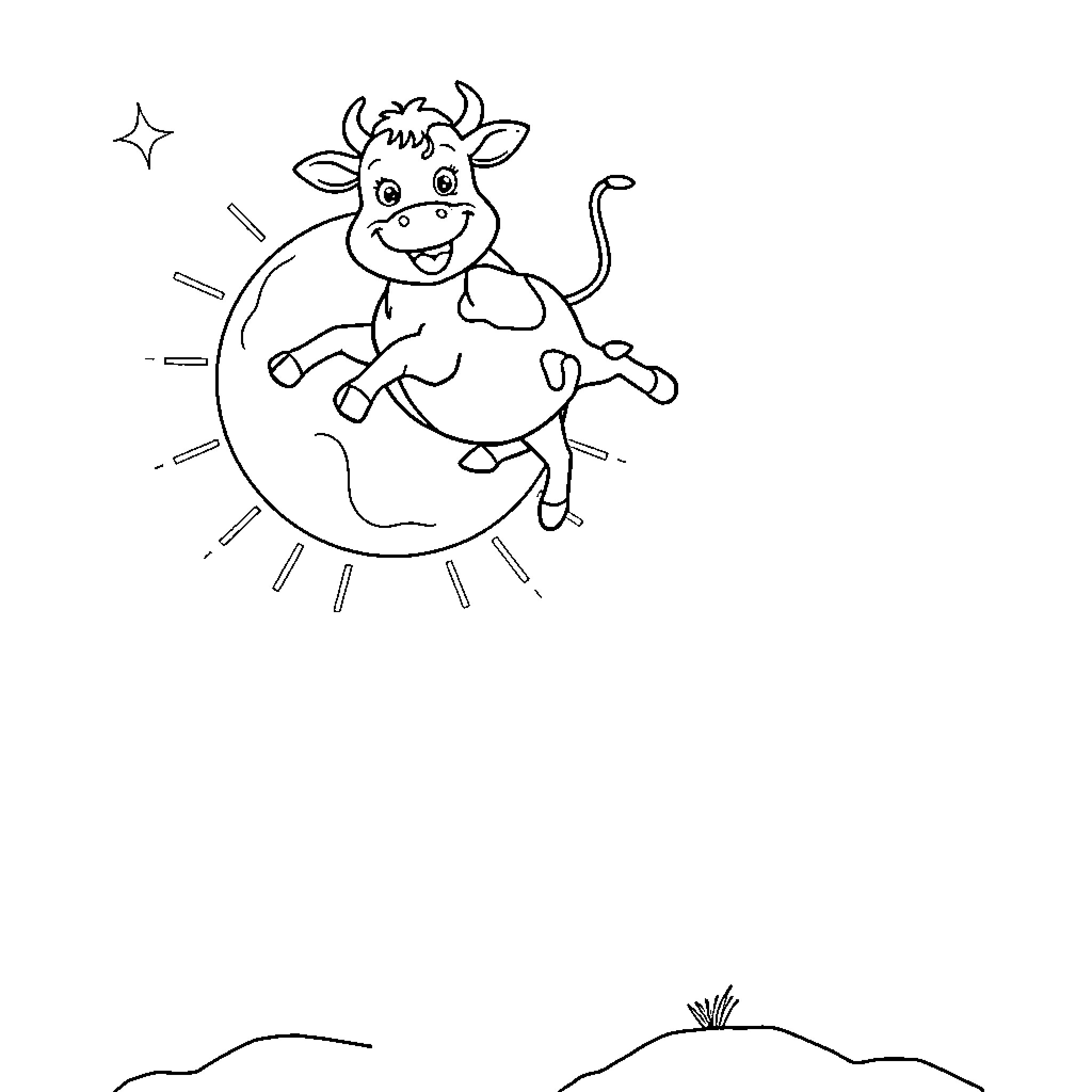 Cow jumping happily on the moon Coloring Page (free black-and-white line drawing printable PDF for all, from beginners to advanced learners, including children, teens, adults, and seniors)