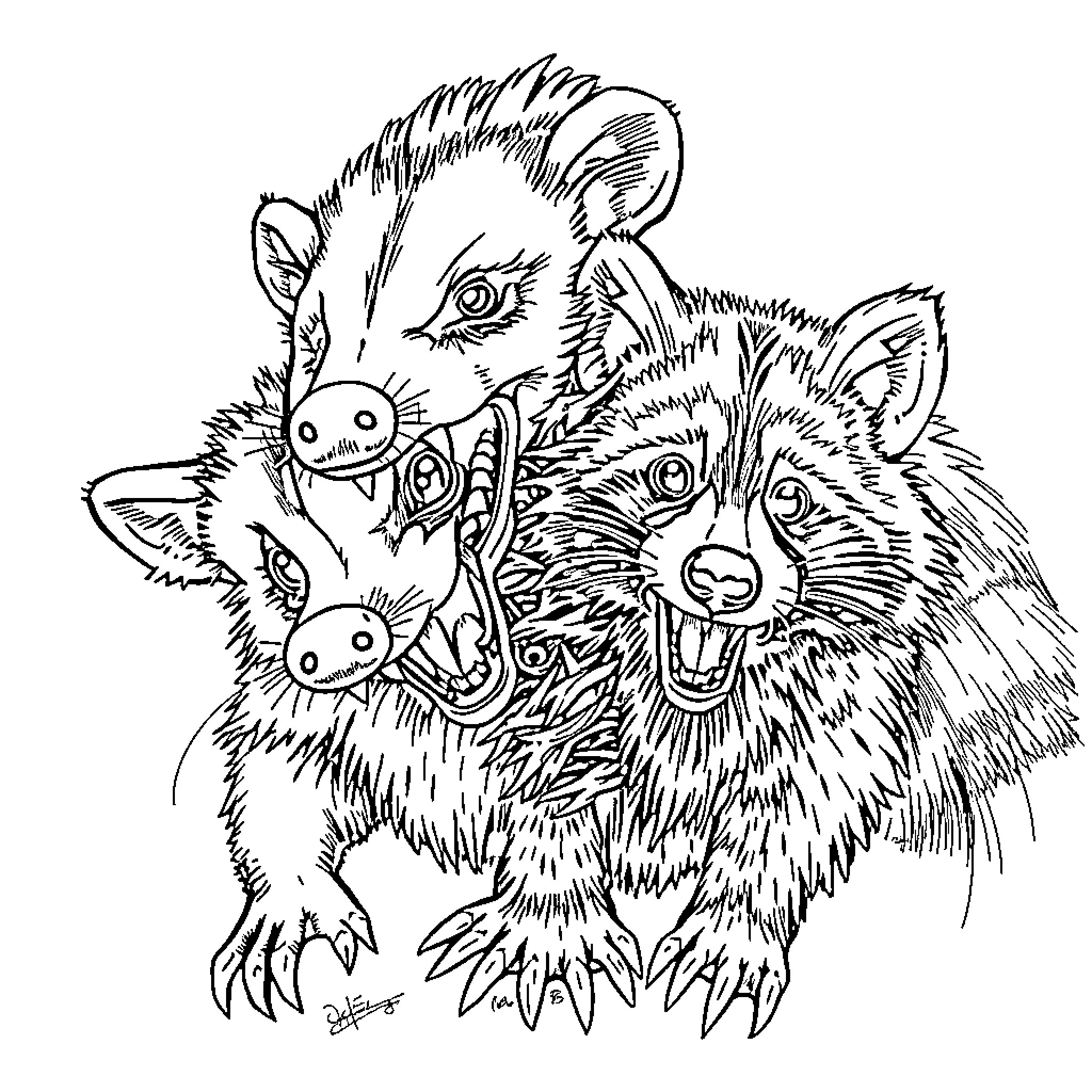 Opossum family in a playful embrace Coloring Page (free black-and-white line drawing printable PDF for all, from beginners to advanced learners, including children, teens, adults, and seniors)