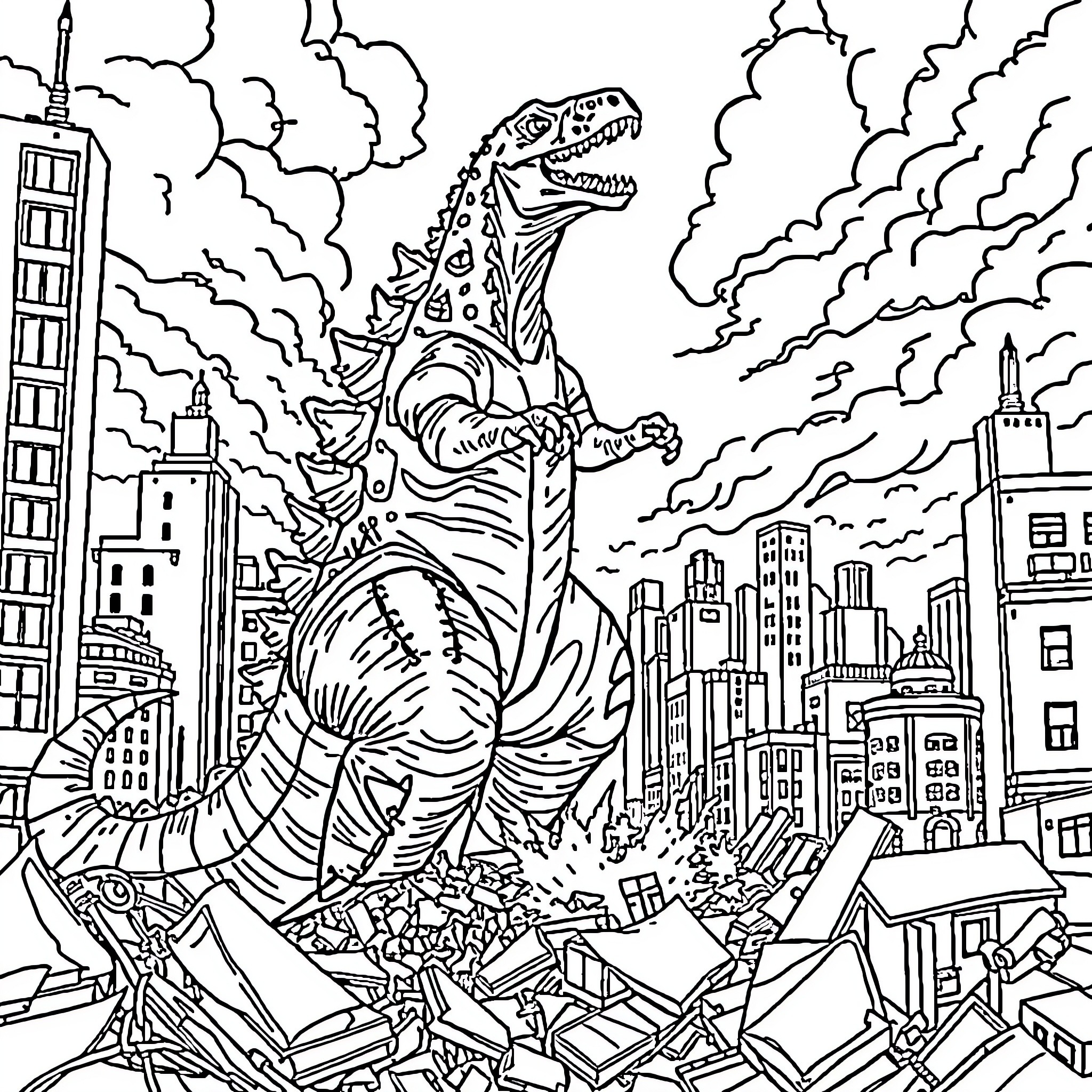 Dinosaur Rampaging Through City Skyline Coloring Page (free black-and-white line drawing printable PDF for all, from beginners to advanced learners, including children, teens, adults, and seniors)