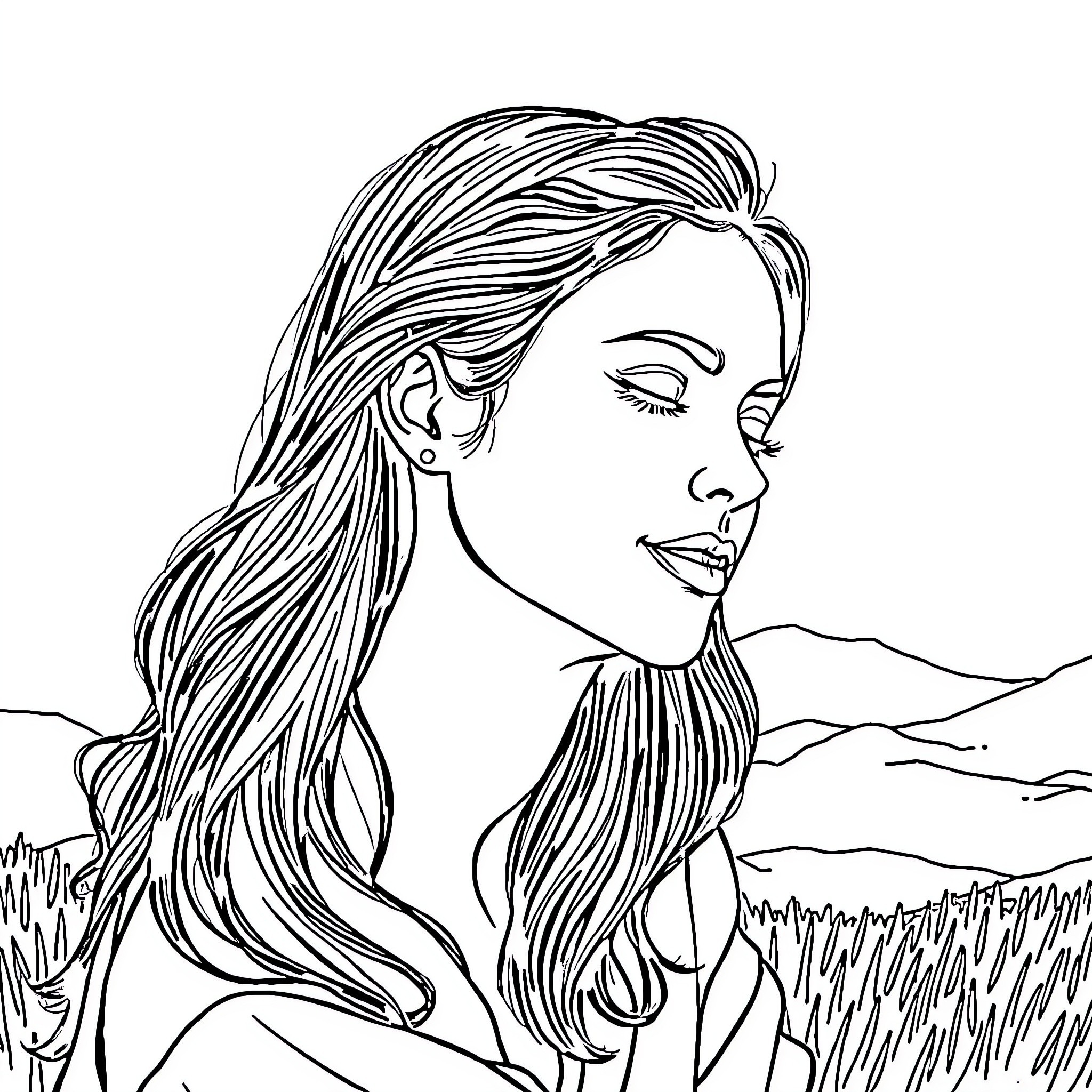 Woman in pensive contemplation amid nature Coloring Page (free black-and-white line drawing printable PDF for all, from beginners to advanced learners, including children, teens, adults, and seniors)