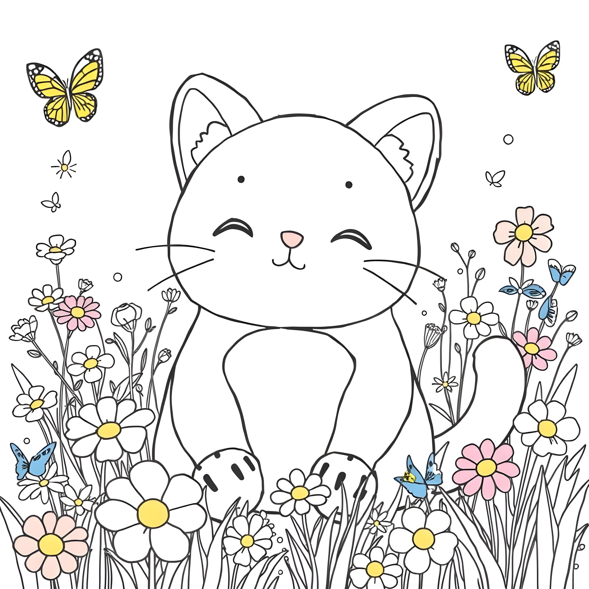 Cat surrounded by cheerful flowers and butterflies Coloring Page (free black-and-white line drawing printable PDF for all, from beginners to advanced learners, including children, teens, adults, and seniors)