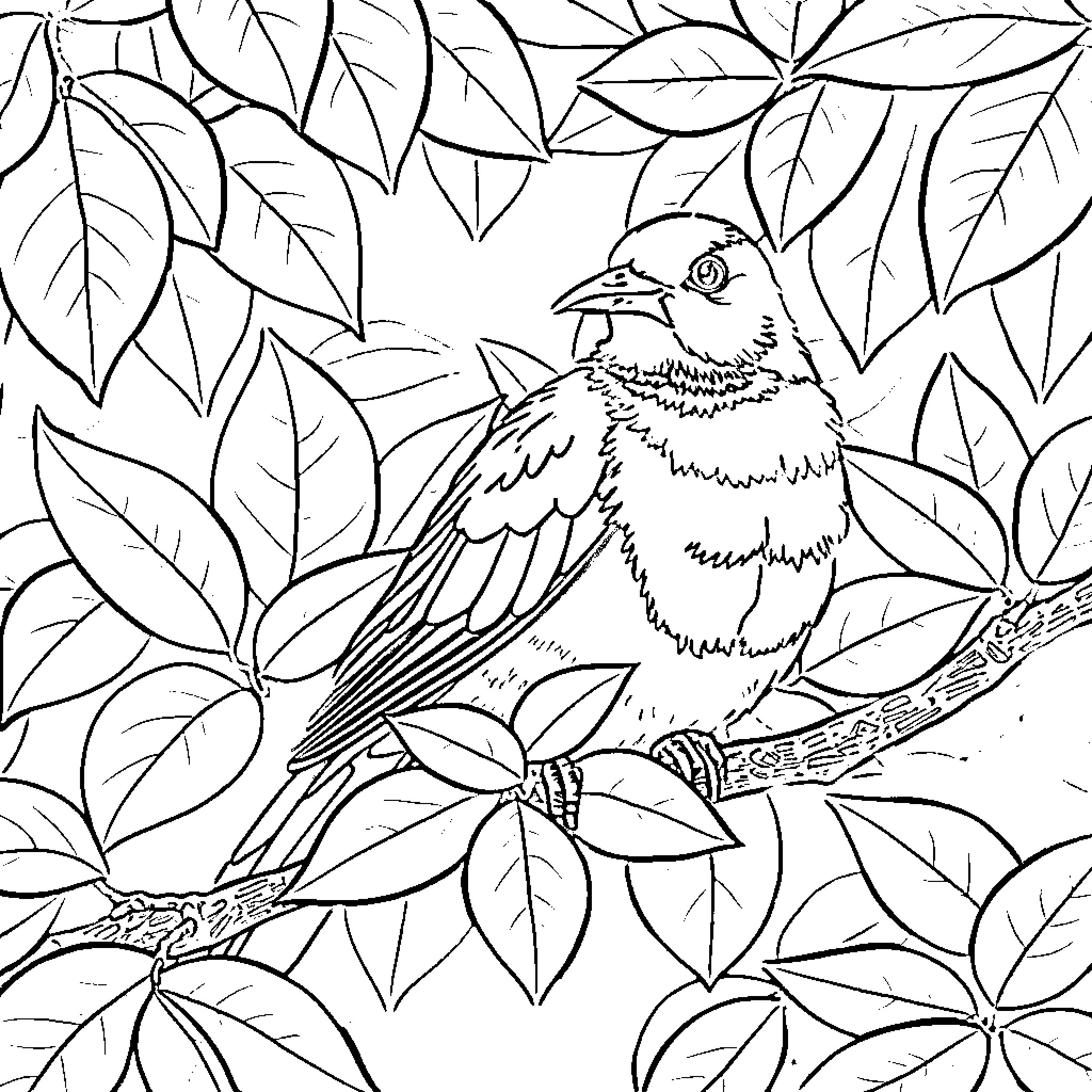 Dove perched amidst lush foliage Coloring Page (free black-and-white line drawing printable PDF for all, from beginners to advanced learners, including children, teens, adults, and seniors)