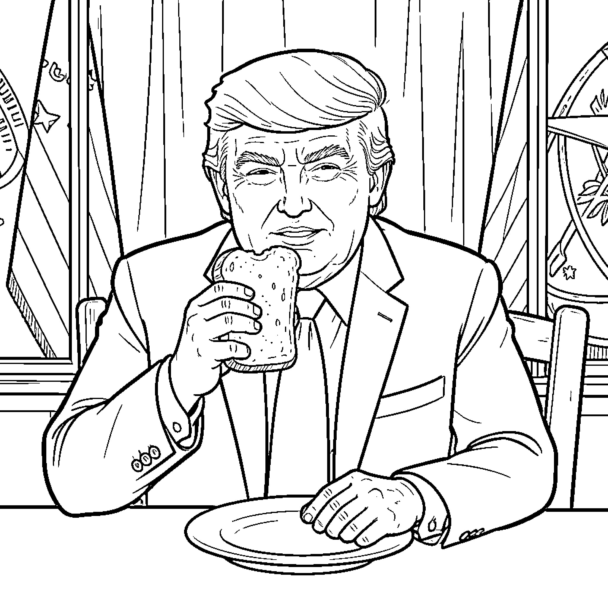 Trump eating a sandwich at a dining table Coloring Page (free black-and-white line drawing printable PDF for all, from beginners to advanced learners, including children, teens, adults, and seniors)