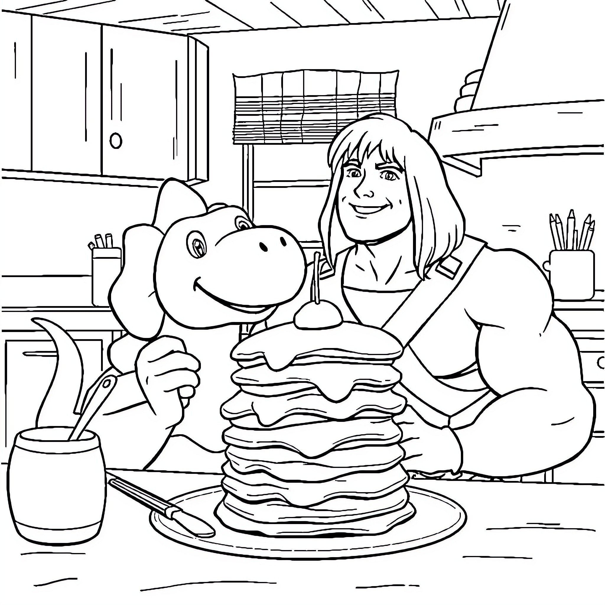 He-Man Enjoys a Delicious Pancake Breakfast Coloring Page (free black-and-white line drawing printable PDF for all, from beginners to advanced learners, including children, teens, adults, and seniors)
