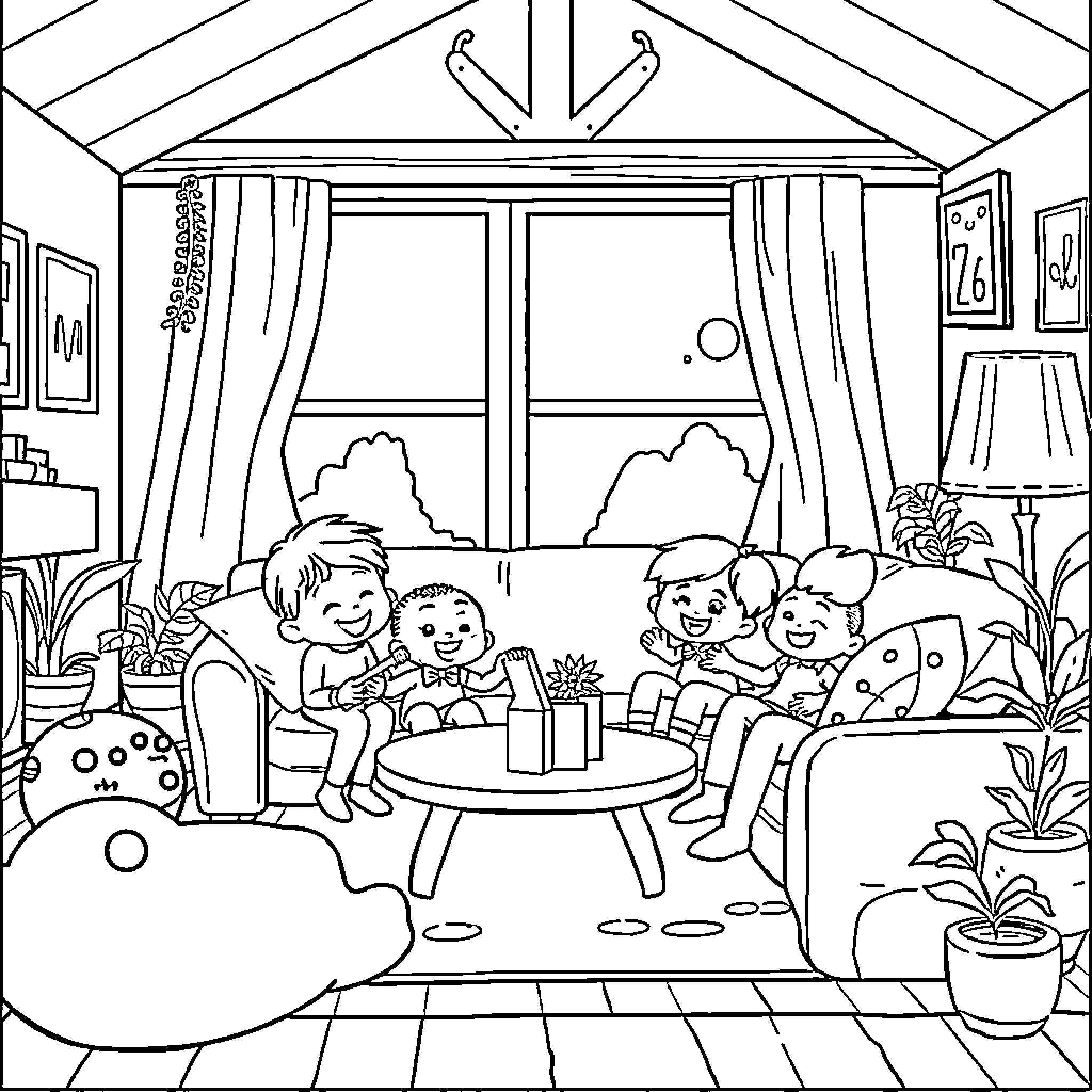 Bluey's family enjoying a cozy indoor gathering Coloring Page (free black-and-white line drawing printable PDF for all, from beginners to advanced learners, including children, teens, adults, and seniors)