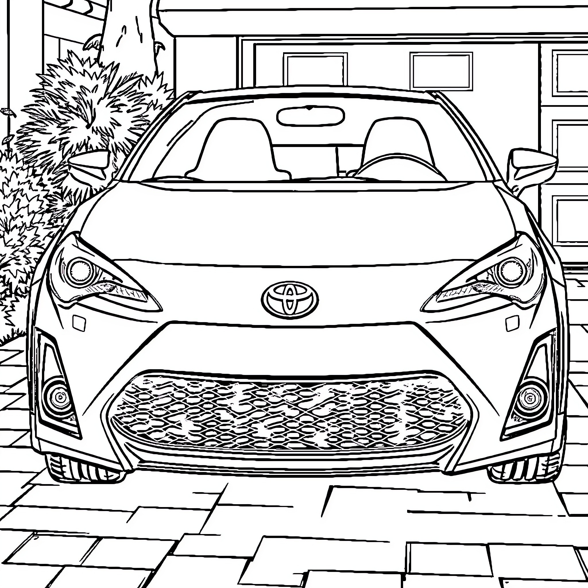 Toyota sports car parked in front of building Coloring Page (free black-and-white line drawing printable PDF for all, from beginners to advanced learners, including children, teens, adults, and seniors)