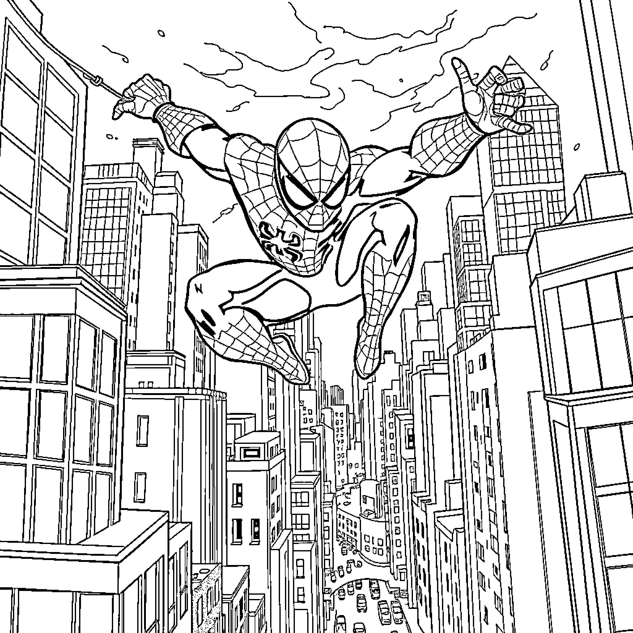 Spider-Man swinging heroically through the city skyline Coloring Page (free black-and-white line drawing printable PDF for all, from beginners to advanced learners, including children, teens, adults, and seniors)