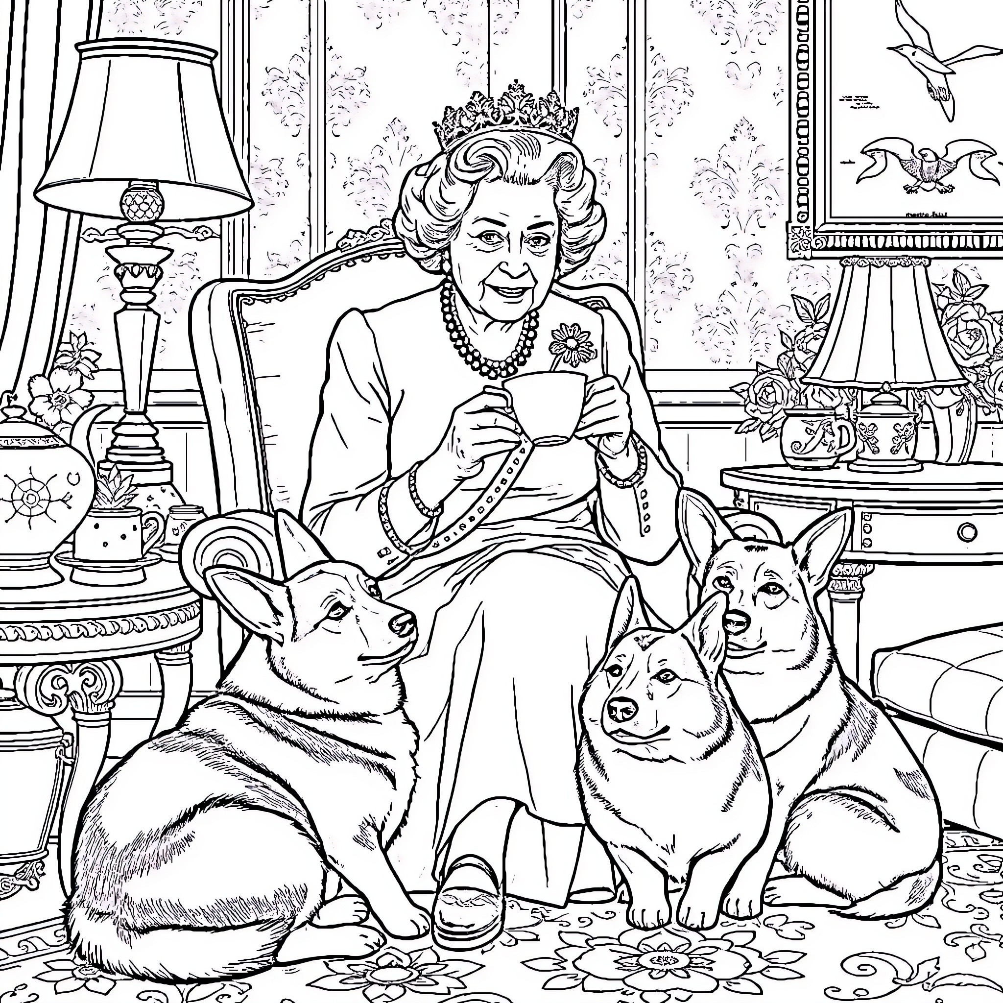Queen enjoying tea time with her loyal canine companions Coloring Page (free black-and-white line drawing printable PDF for all, from beginners to advanced learners, including children, teens, adults, and seniors)