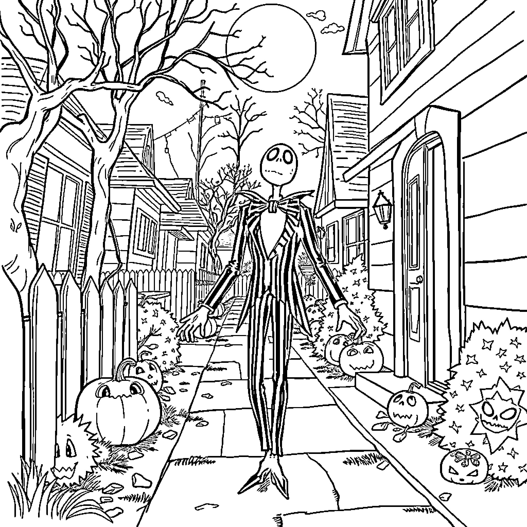 Beetlejuice walking down a spooky, whimsical town street Coloring Page (free black-and-white line drawing printable PDF for all, from beginners to advanced learners, including children, teens, adults, and seniors)